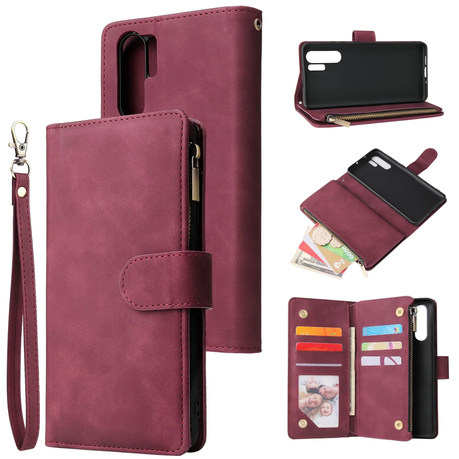 For HUAWEI P30 HUAWEI P30 lite HUAWEI P30 pro Multi-card Bracket Coin Wallet Zipper Mobile Phone PU Leather Phone Case  5 wine red