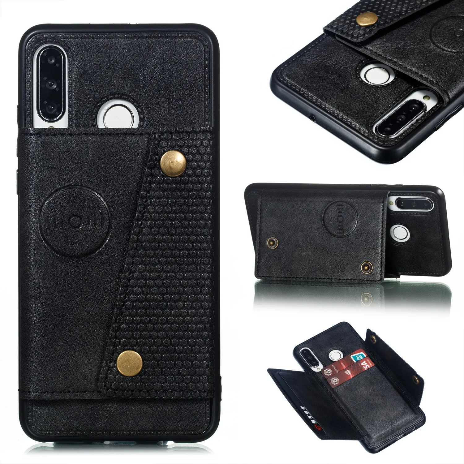 For Huawei P30 lite/nova 4E Double Buckle Non-slip Shockproof Cell Phone Case with Card Slot Bracket black