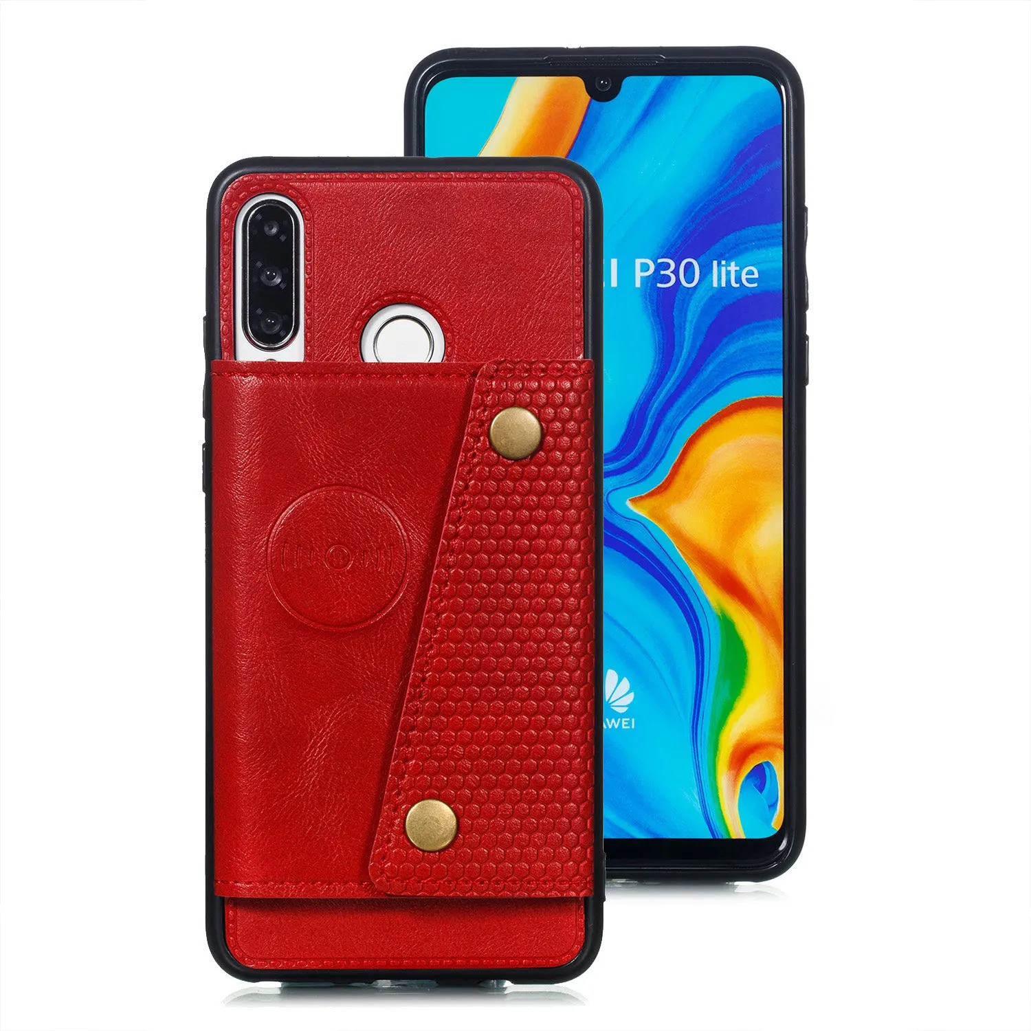 For Huawei P30 lite/nova 4E Double Buckle Non-slip Shockproof Cell Phone Case with Card Slot Bracket black