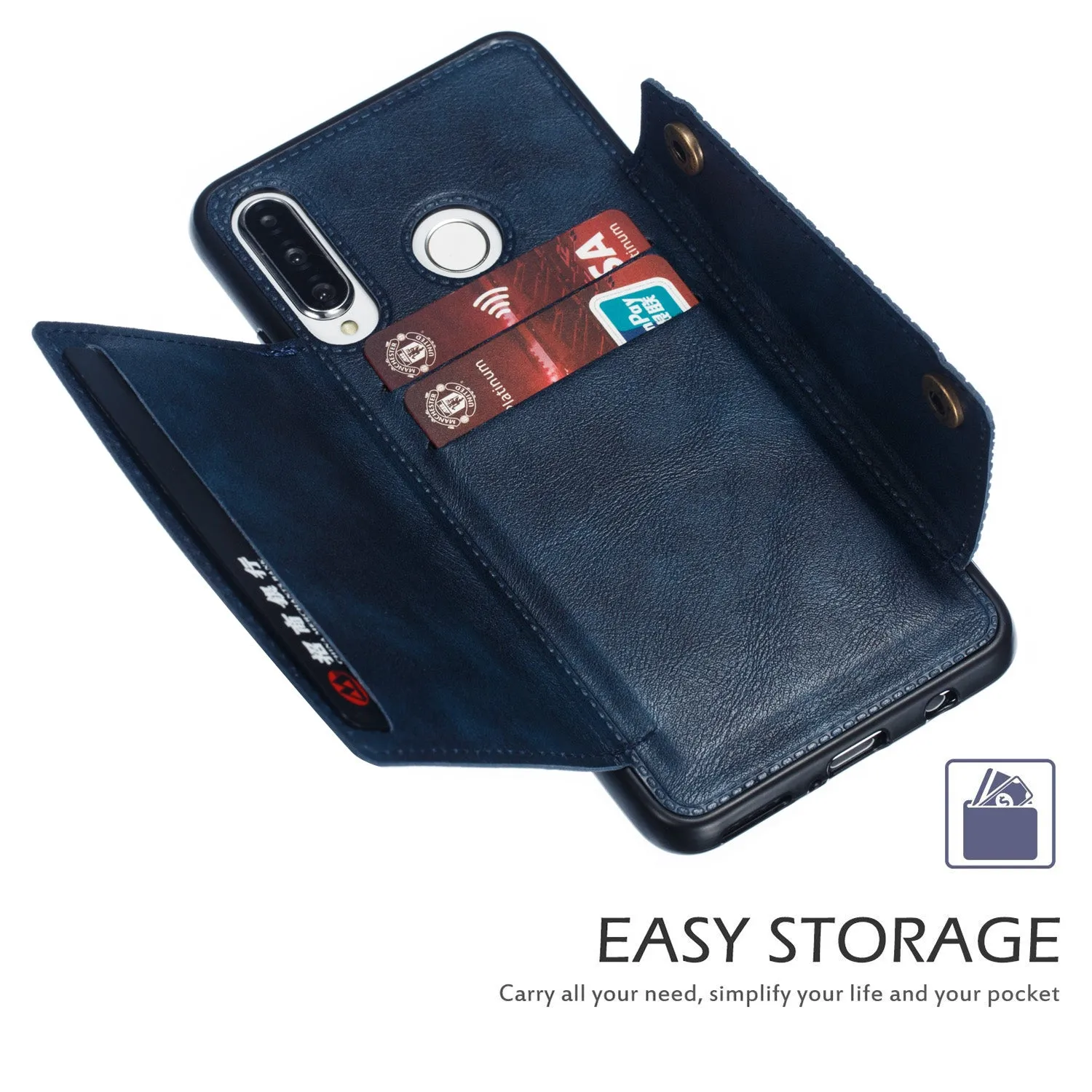 For Huawei P30 lite/nova 4E Double Buckle Non-slip Shockproof Cell Phone Case with Card Slot Bracket blue