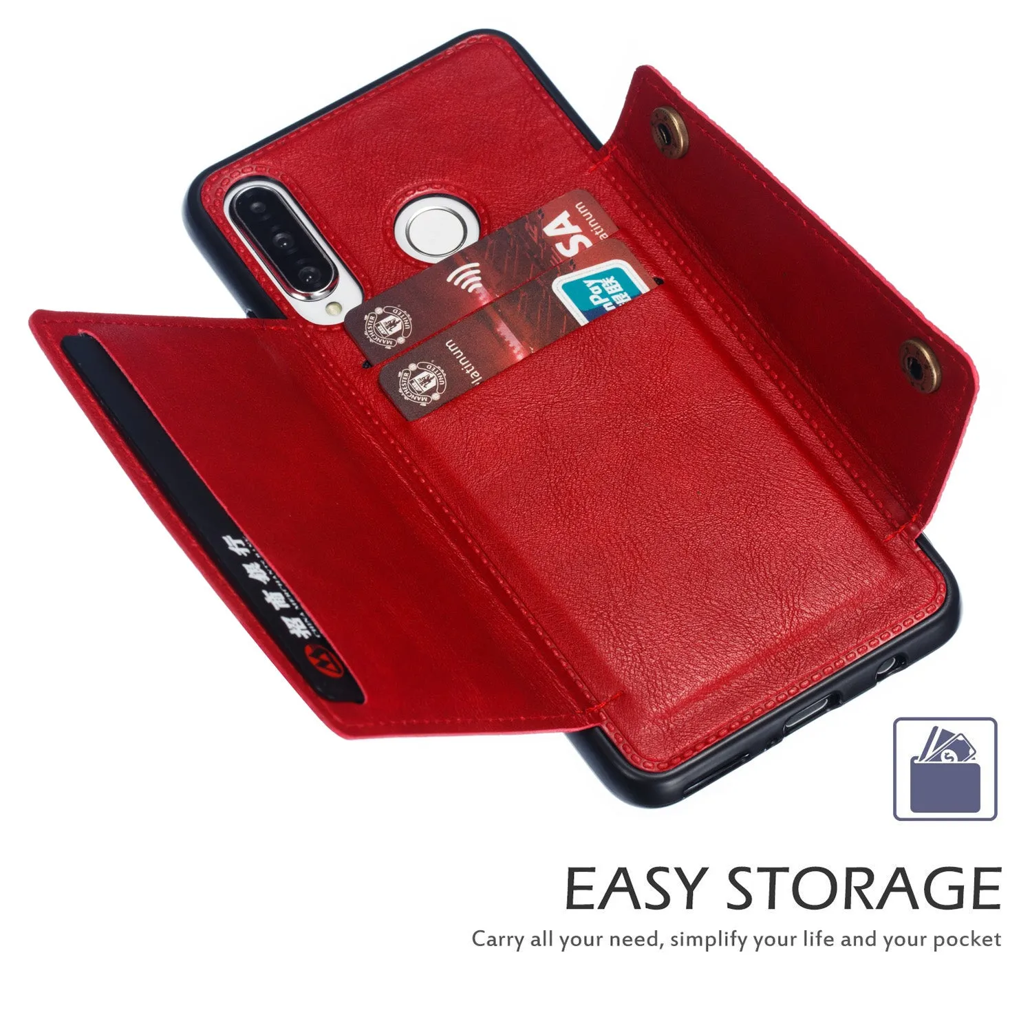 For Huawei P30 lite/nova 4E Double Buckle Non-slip Shockproof Cell Phone Case with Card Slot Bracket blue