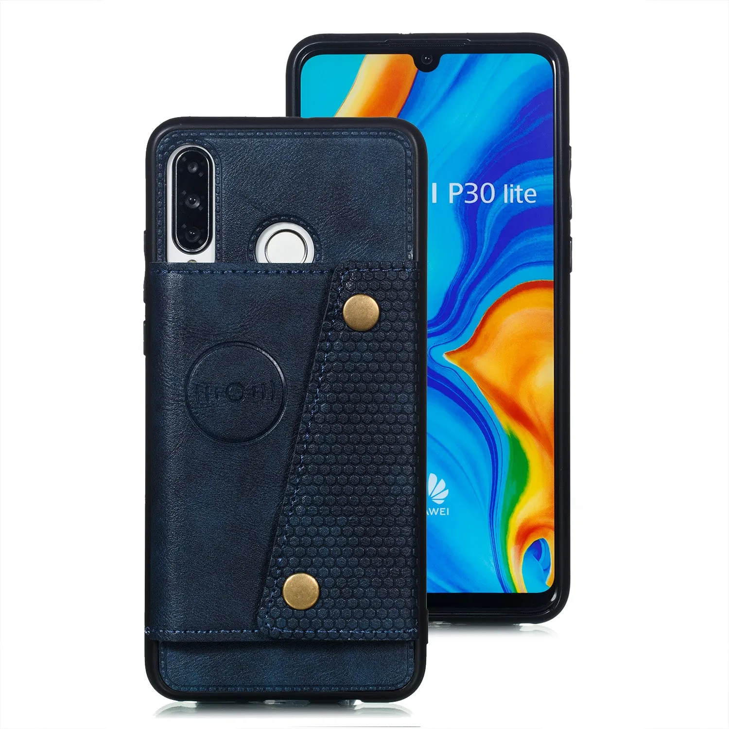 For Huawei P30 lite/nova 4E Double Buckle Non-slip Shockproof Cell Phone Case with Card Slot Bracket blue