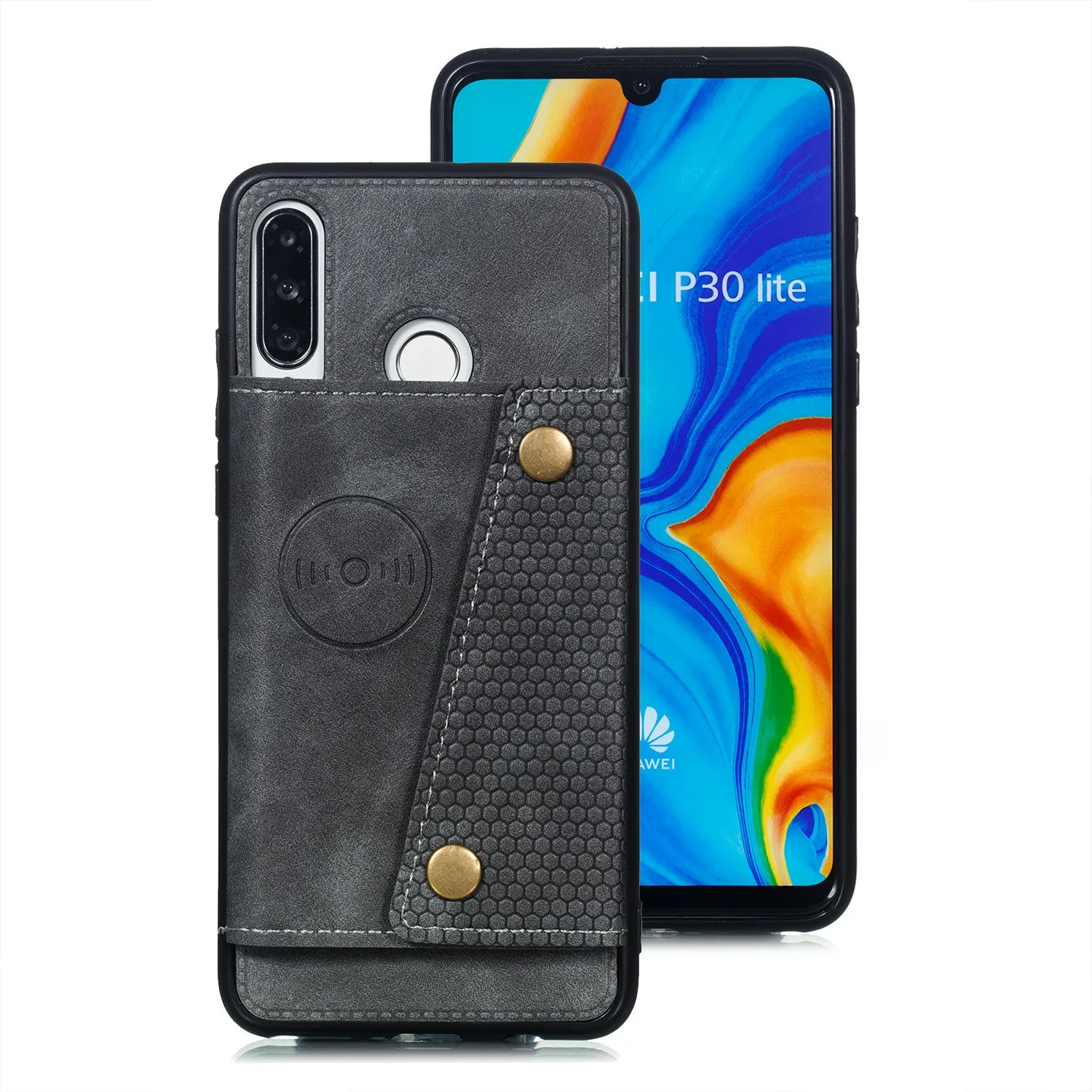 For Huawei P30 lite/nova 4E Double Buckle Non-slip Shockproof Cell Phone Case with Card Slot Bracket gray