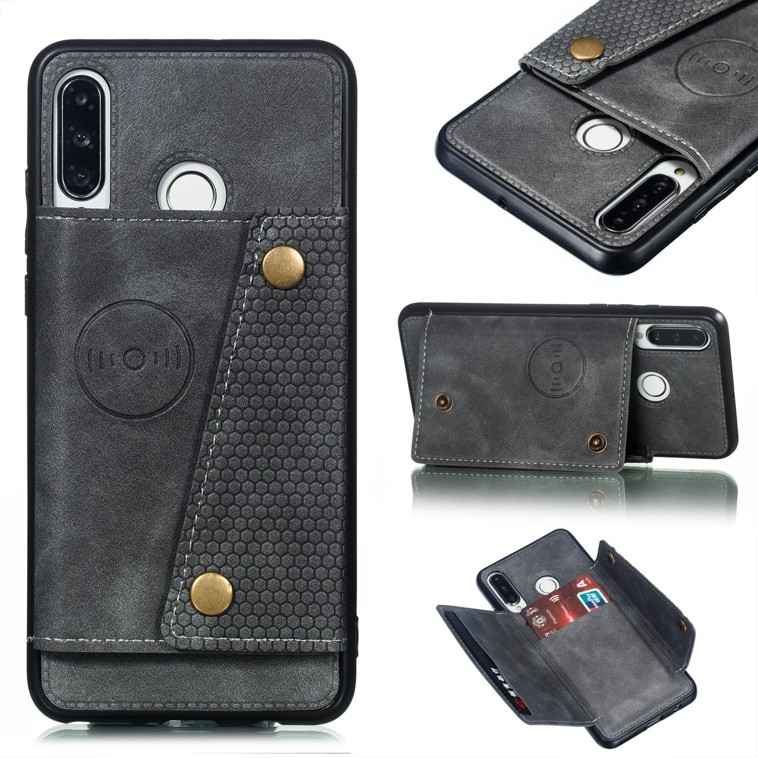 For Huawei P30 lite/nova 4E Double Buckle Non-slip Shockproof Cell Phone Case with Card Slot Bracket gray