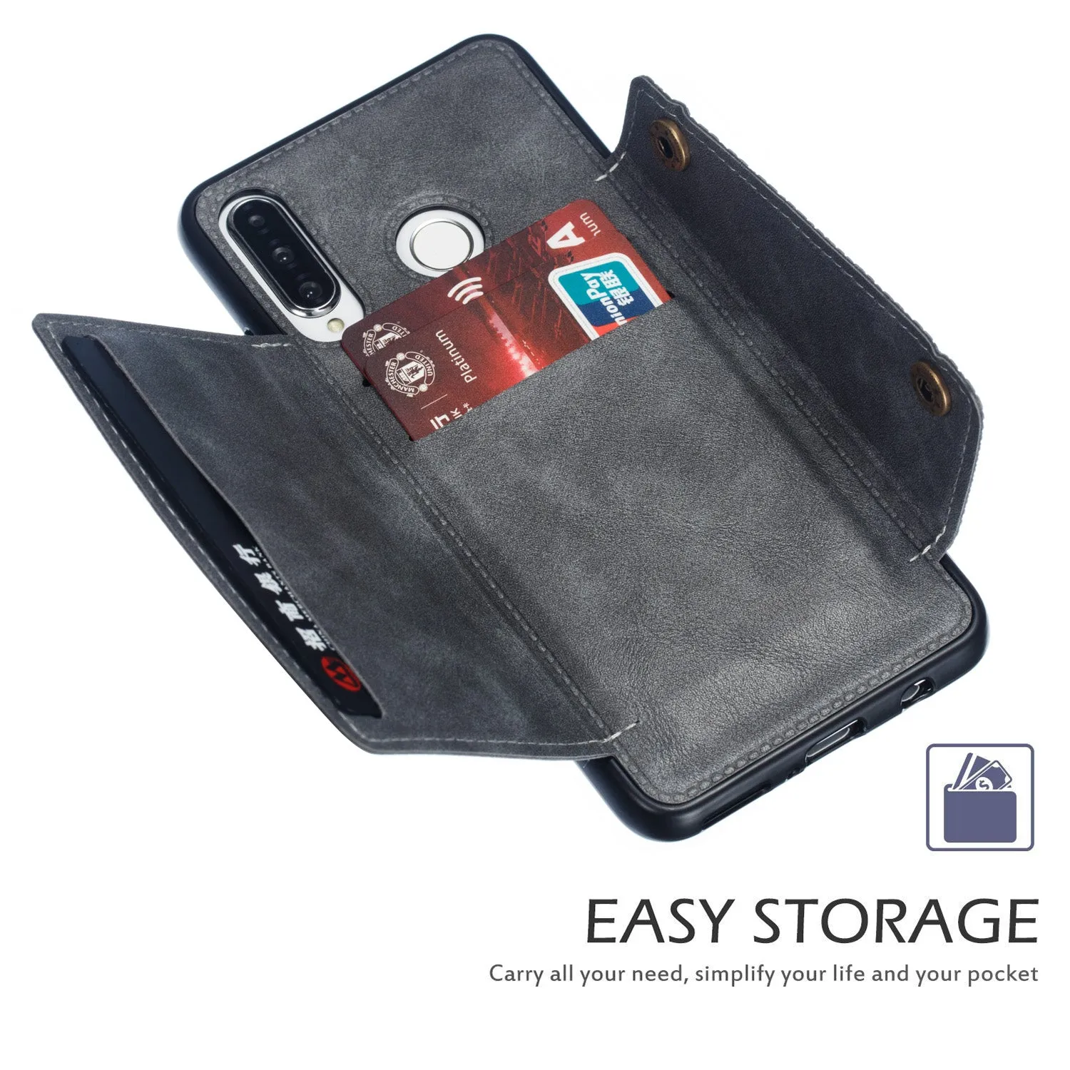 For Huawei P30 lite/nova 4E Double Buckle Non-slip Shockproof Cell Phone Case with Card Slot Bracket gray