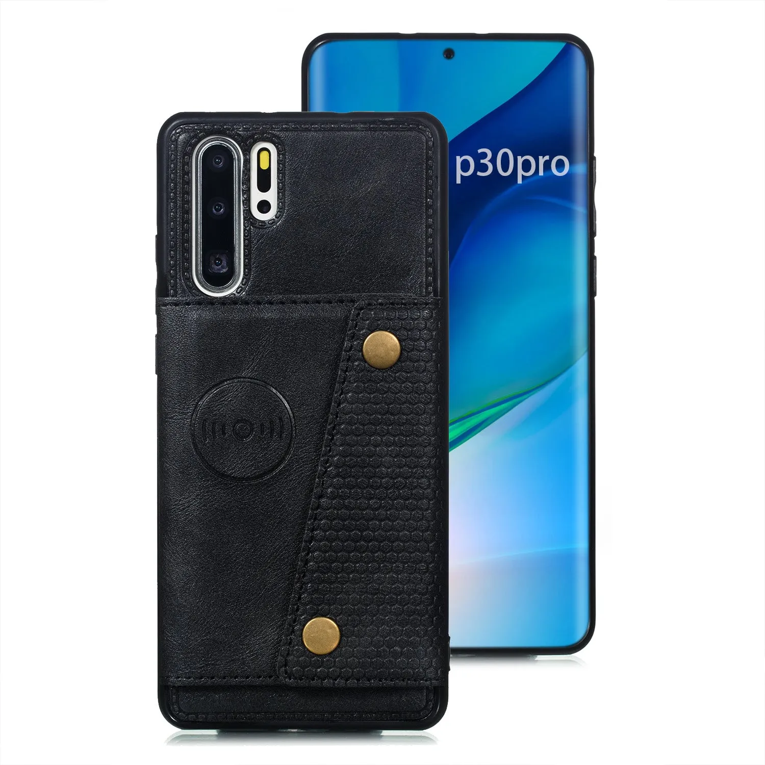 For Huawei P30 pro Double Buckle Non-slip Shockproof Cell Phone Case with Card Slot Bracket black