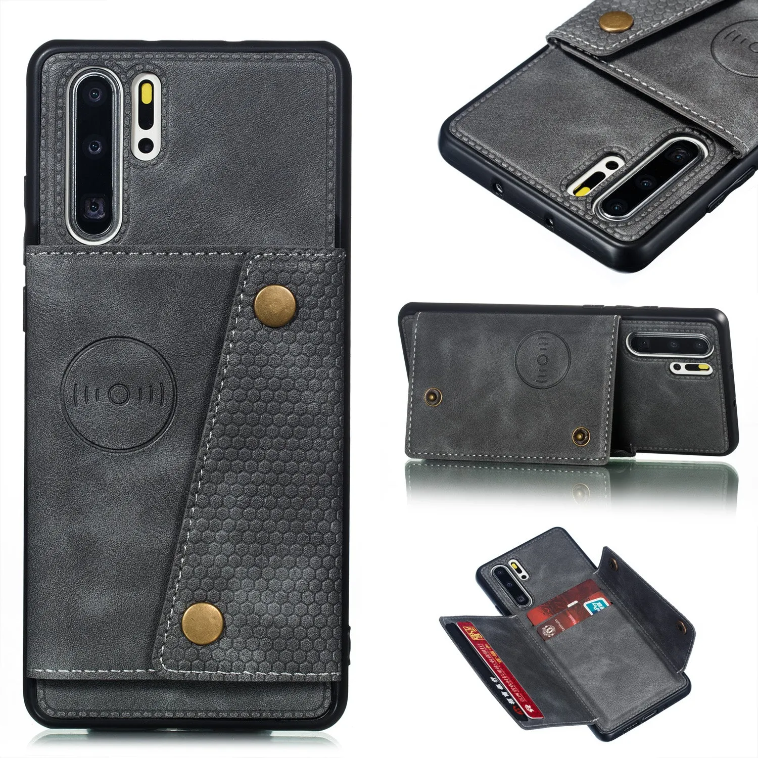 For Huawei P30 pro Double Buckle Non-slip Shockproof Cell Phone Case with Card Slot Bracket gray