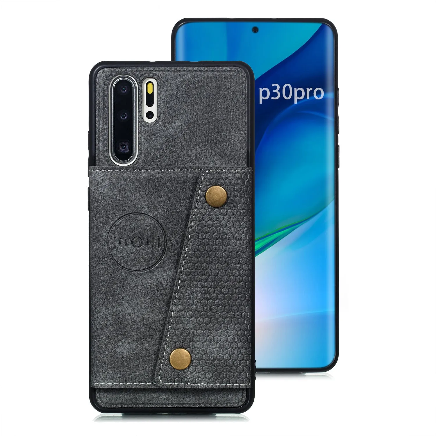 For Huawei P30 pro Double Buckle Non-slip Shockproof Cell Phone Case with Card Slot Bracket gray