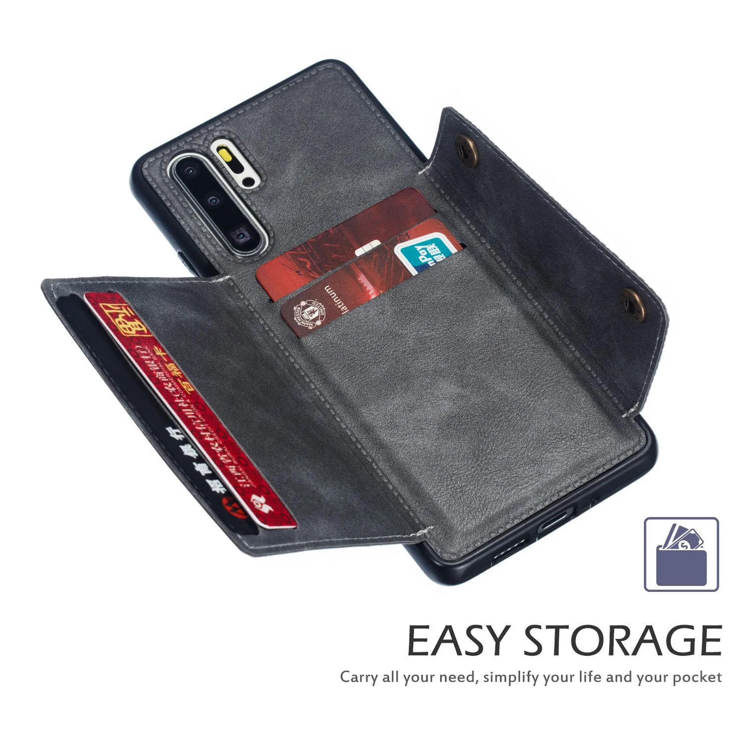 For Huawei P30 pro Double Buckle Non-slip Shockproof Cell Phone Case with Card Slot Bracket gray