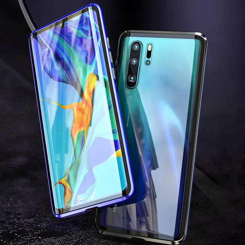 For Huawei P30 Pro/P30 Lite/P30 Front Back Glass Cover Luxury Aluminum Metal Magnet Adsorption Phone Case red_Huawei P30 pro