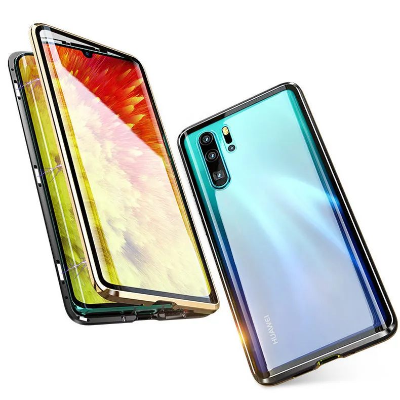 For Huawei P30 Pro/P30 Lite/P30 Front Back Glass Cover Luxury Aluminum Metal Magnet Adsorption Phone Case red_Huawei P30 pro