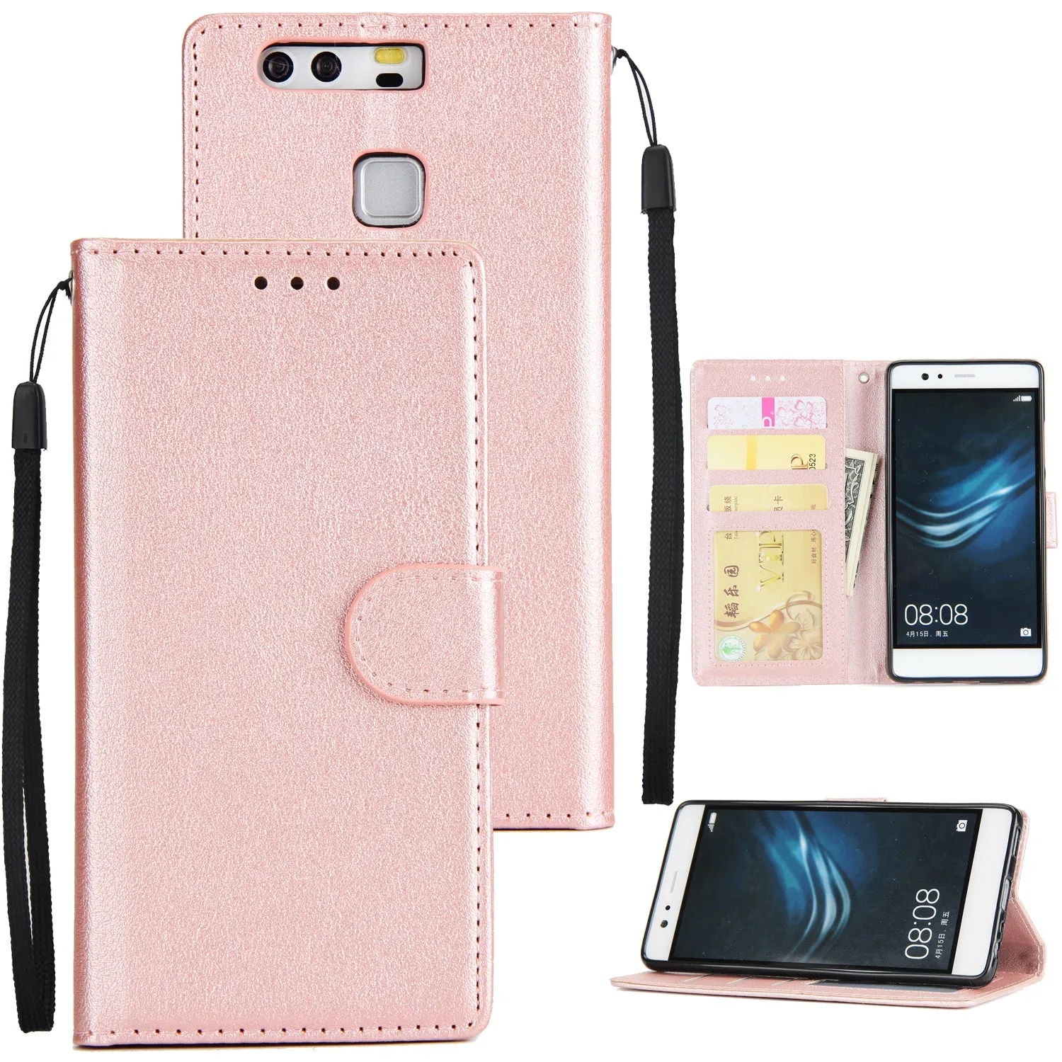 For Huawei P9 plus PU Leather Smart Phone Case Protective Cover with Buckle & 3 Card Position  red