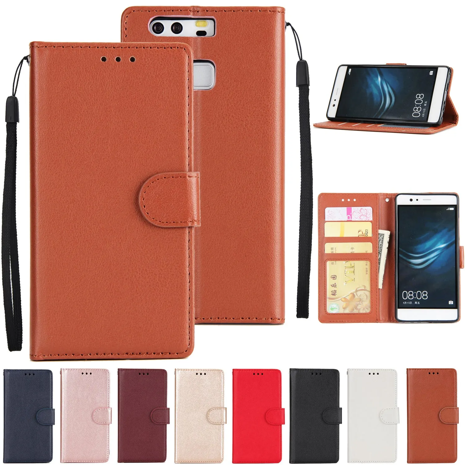 For Huawei P9 plus PU Leather Smart Phone Case Protective Cover with Buckle & 3 Card Position  red