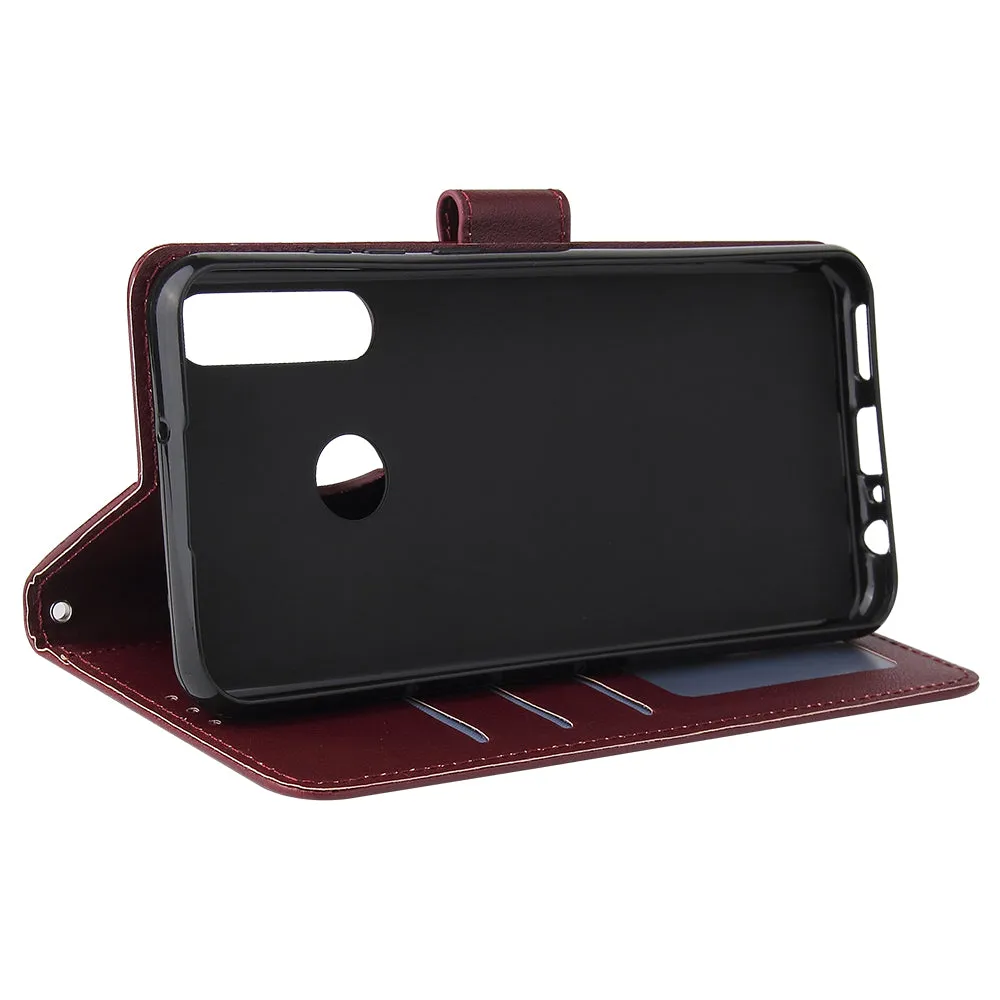 For HUAWEI PSmart 2020/Y5P/Y6P PU Leather Mobile Phone Cover with 3 Cards Slots Phone Frame Red wine