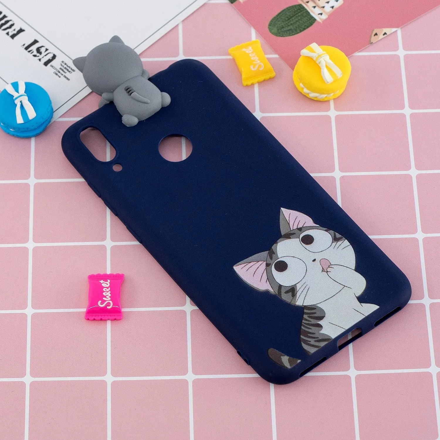 For Huawei Y6 2019 3D Cartoon Lovely Coloured Painted Soft TPU Back Cover Non-slip Shockproof Full Protective Case big face cat