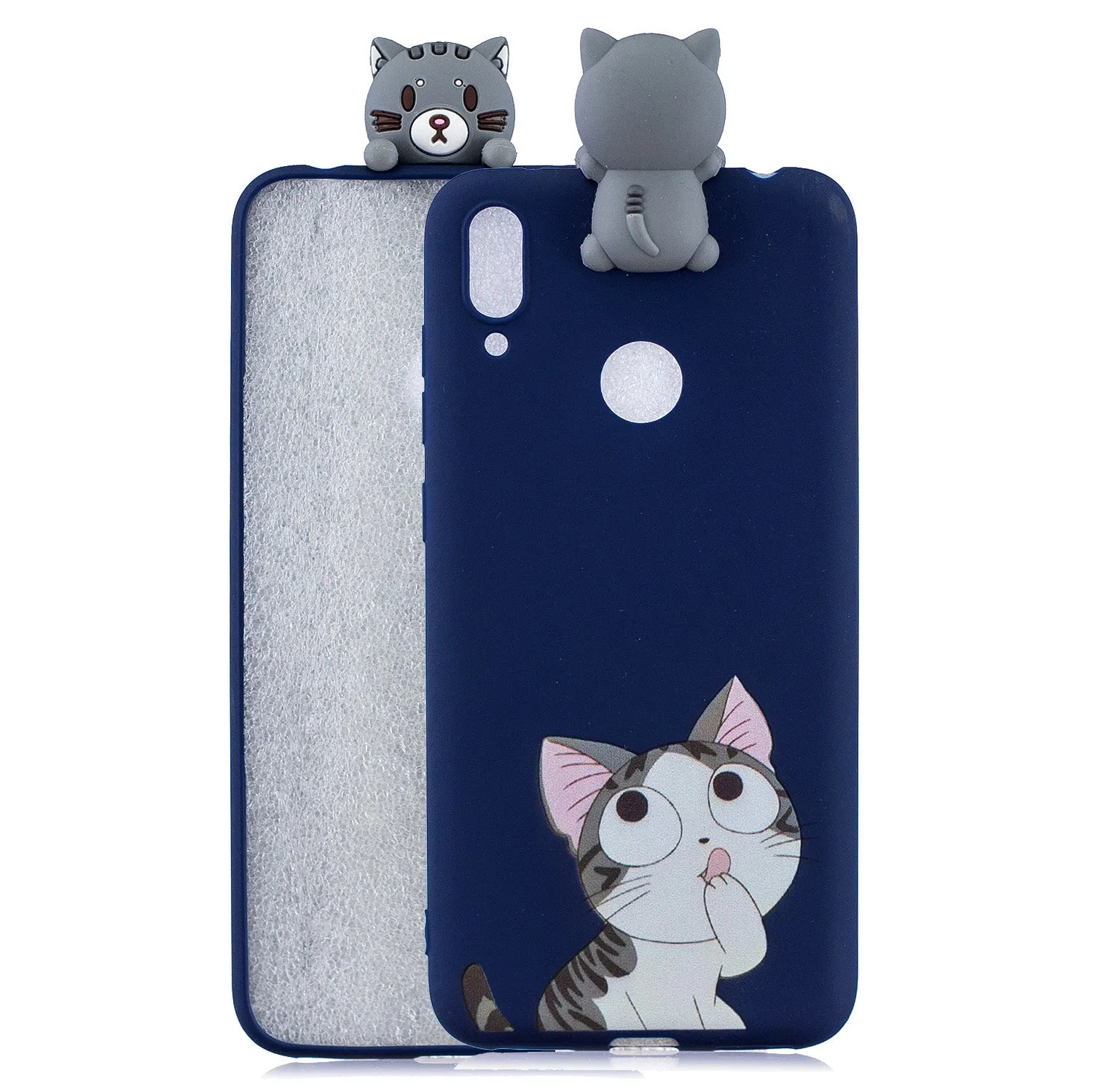 For Huawei Y6 2019 3D Cartoon Lovely Coloured Painted Soft TPU Back Cover Non-slip Shockproof Full Protective Case big face cat