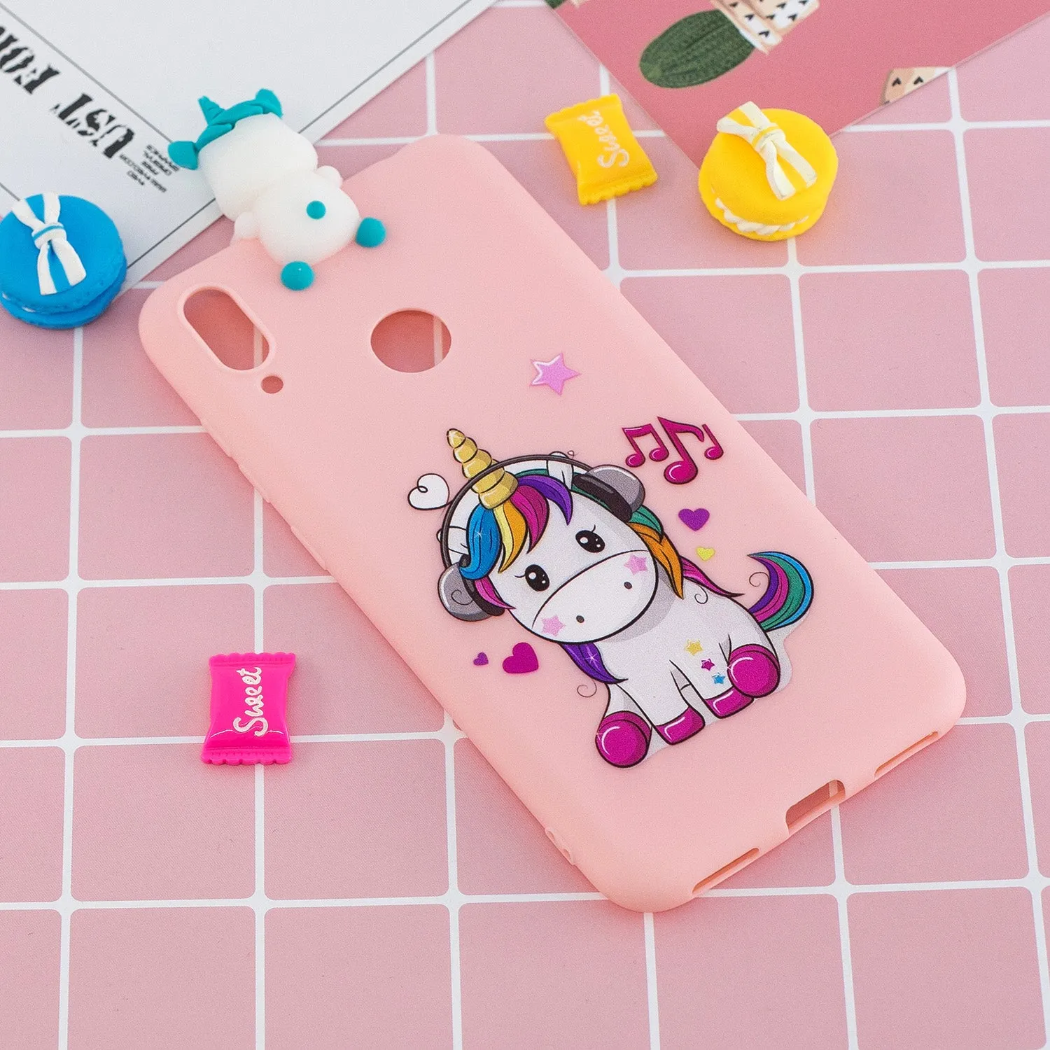 For Huawei Y6 2019 3D Cartoon Lovely Coloured Painted Soft TPU Back Cover Non-slip Shockproof Full Protective Case Music unicorn
