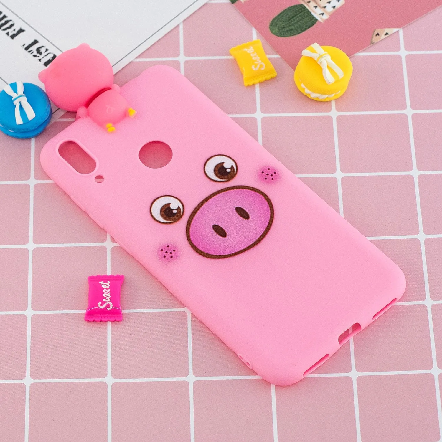 For Huawei Y6 2019 3D Cartoon Lovely Coloured Painted Soft TPU Back Cover Non-slip Shockproof Full Protective Case Small pink pig