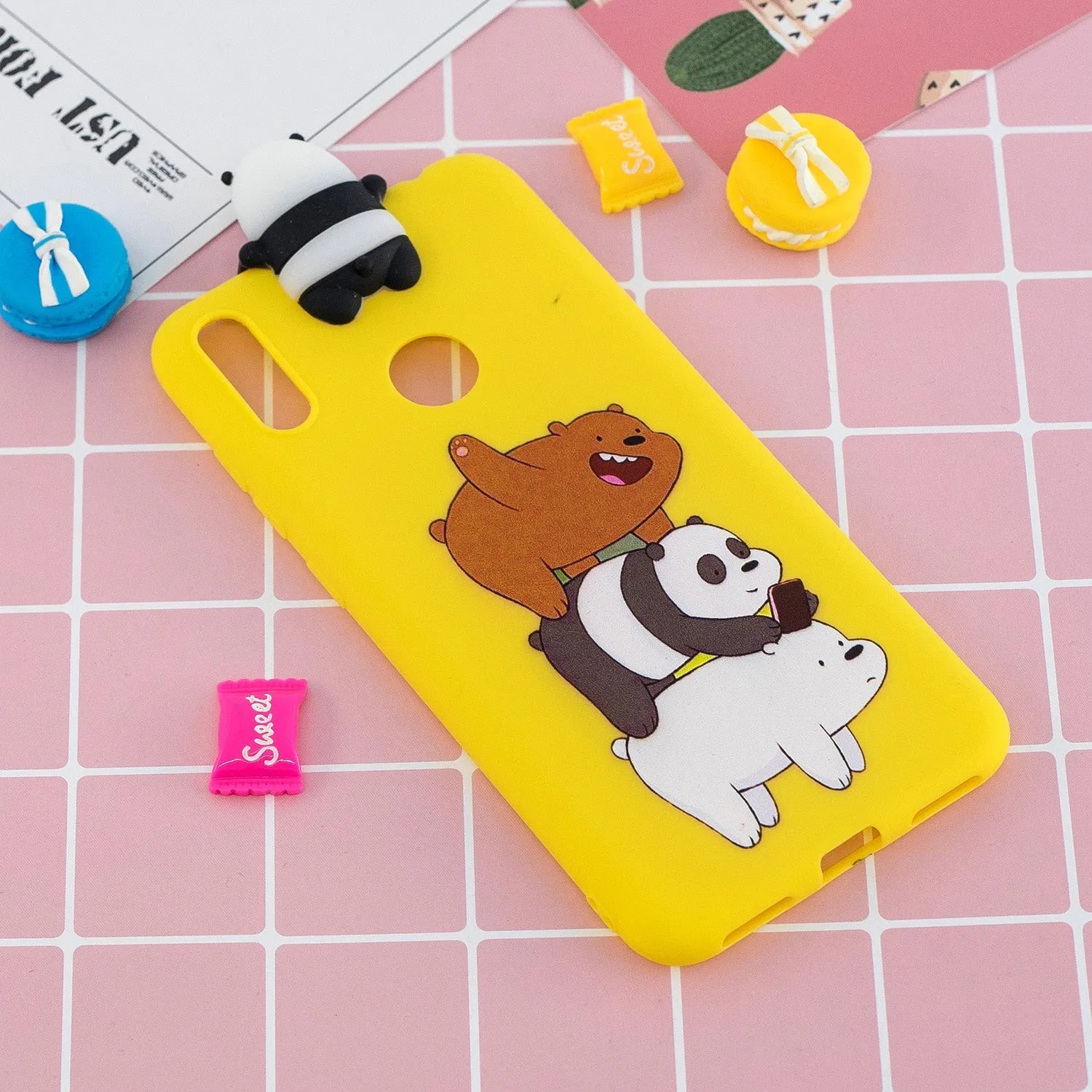 For Huawei Y6 2019 3D Cartoon Lovely Coloured Painted Soft TPU Back Cover Non-slip Shockproof Full Protective Case Striped bear