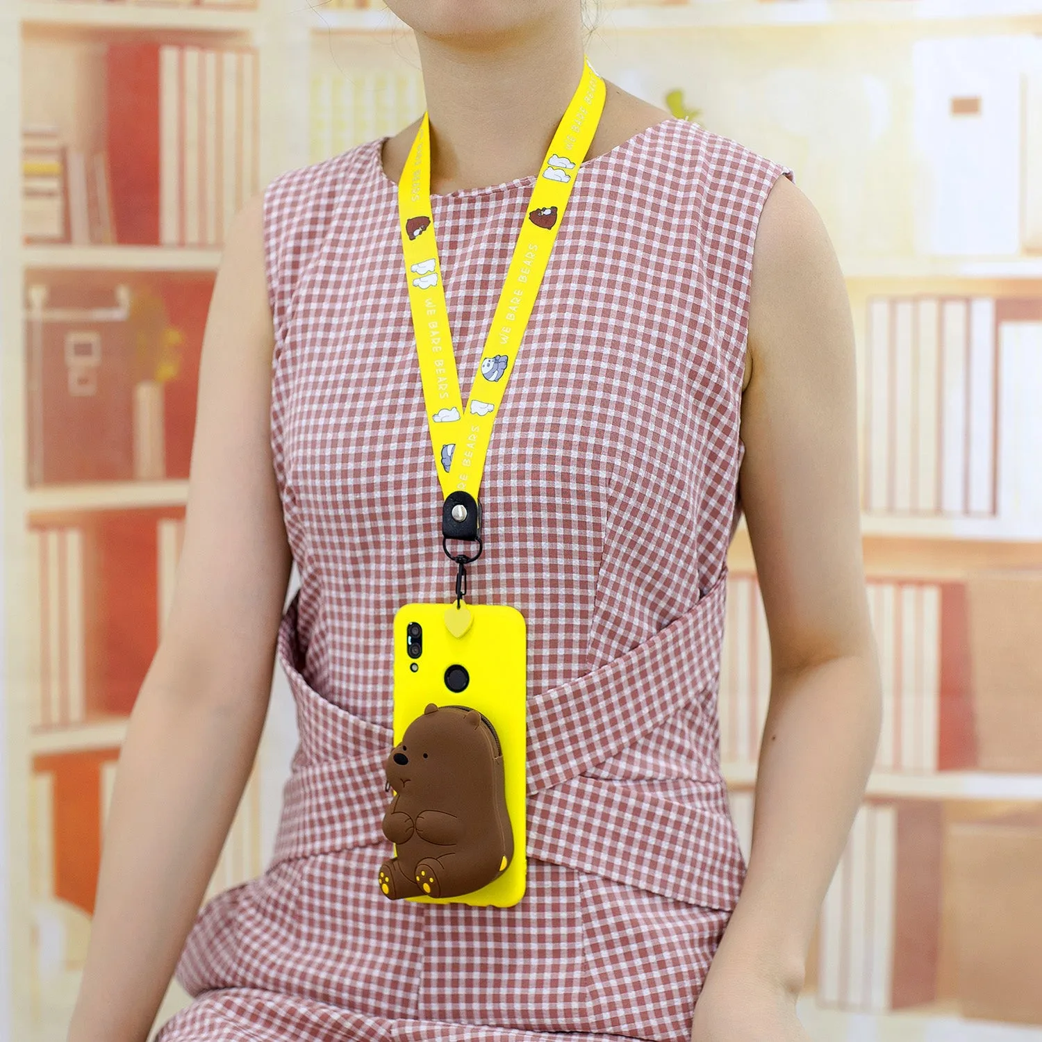 For HUAWEI Y6 2019 Y7 2019 Y9 2019 Cartoon Full Protective TPU Mobile Phone Cover with Mini Coin Purse Cartoon Hanging Lanyard 1 yellow brown bear