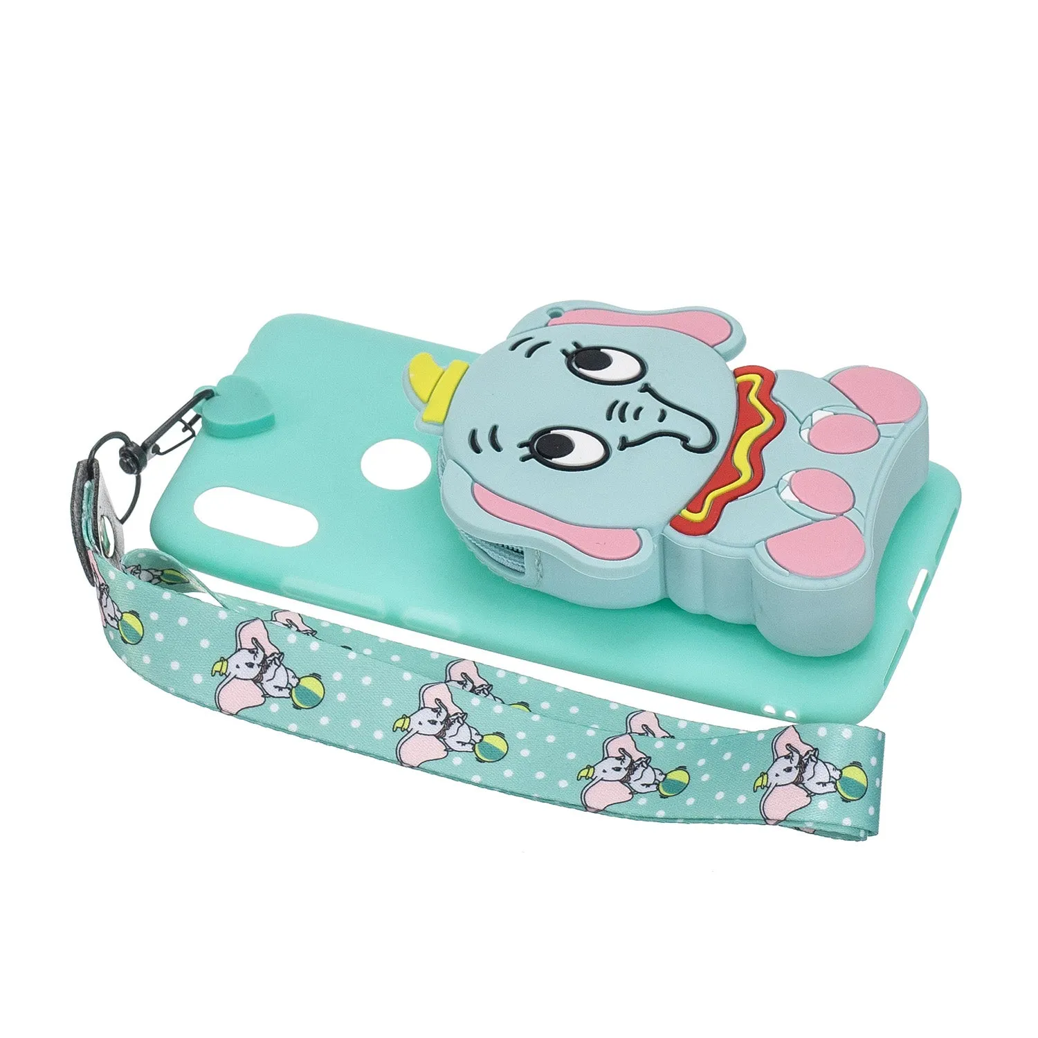 For HUAWEI Y6 2019 Y7 2019 Y9 2019 Cartoon Full Protective TPU Mobile Phone Cover with Mini Coin Purse Cartoon Hanging Lanyard 2 light blue elephant