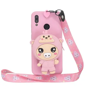 For HUAWEI Y6 2019 Y7 2019 Y9 2019 Cartoon Full Protective TPU Mobile Phone Cover with Mini Coin Purse Cartoon Hanging Lanyard 3 deep pink piglets