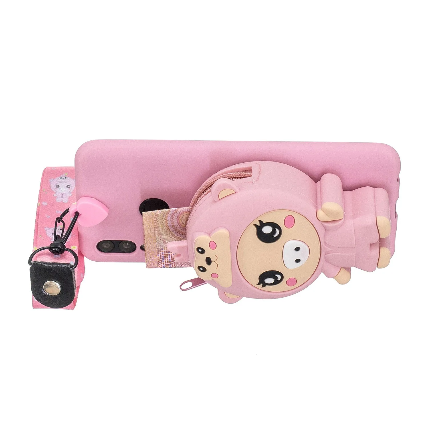 For HUAWEI Y6 2019 Y7 2019 Y9 2019 Cartoon Full Protective TPU Mobile Phone Cover with Mini Coin Purse Cartoon Hanging Lanyard 3 deep pink piglets