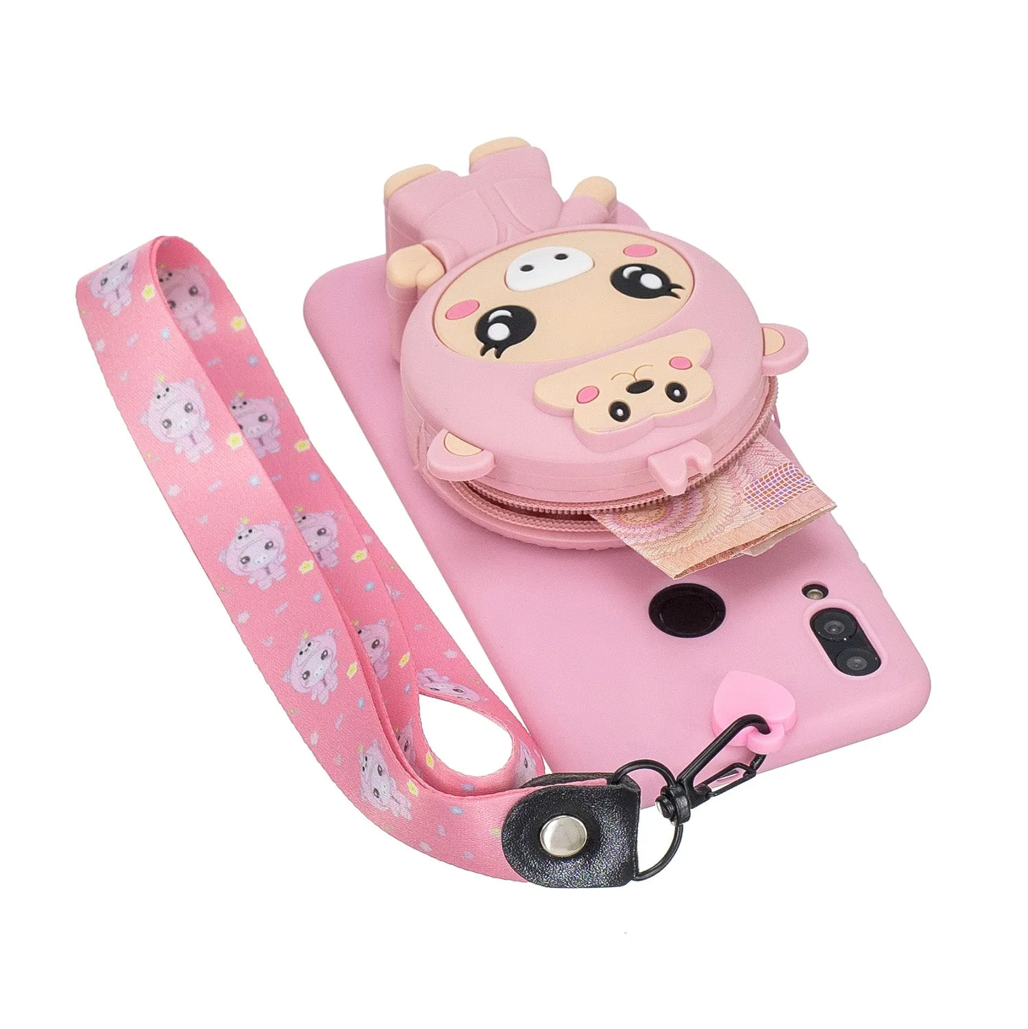 For HUAWEI Y6 2019 Y7 2019 Y9 2019 Cartoon Full Protective TPU Mobile Phone Cover with Mini Coin Purse Cartoon Hanging Lanyard 3 deep pink piglets