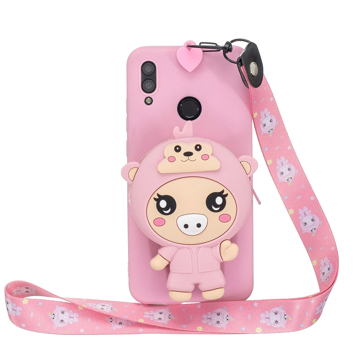 For HUAWEI Y6 2019 Y7 2019 Y9 2019 Cartoon Full Protective TPU Mobile Phone Cover with Mini Coin Purse Cartoon Hanging Lanyard 3 deep pink piglets