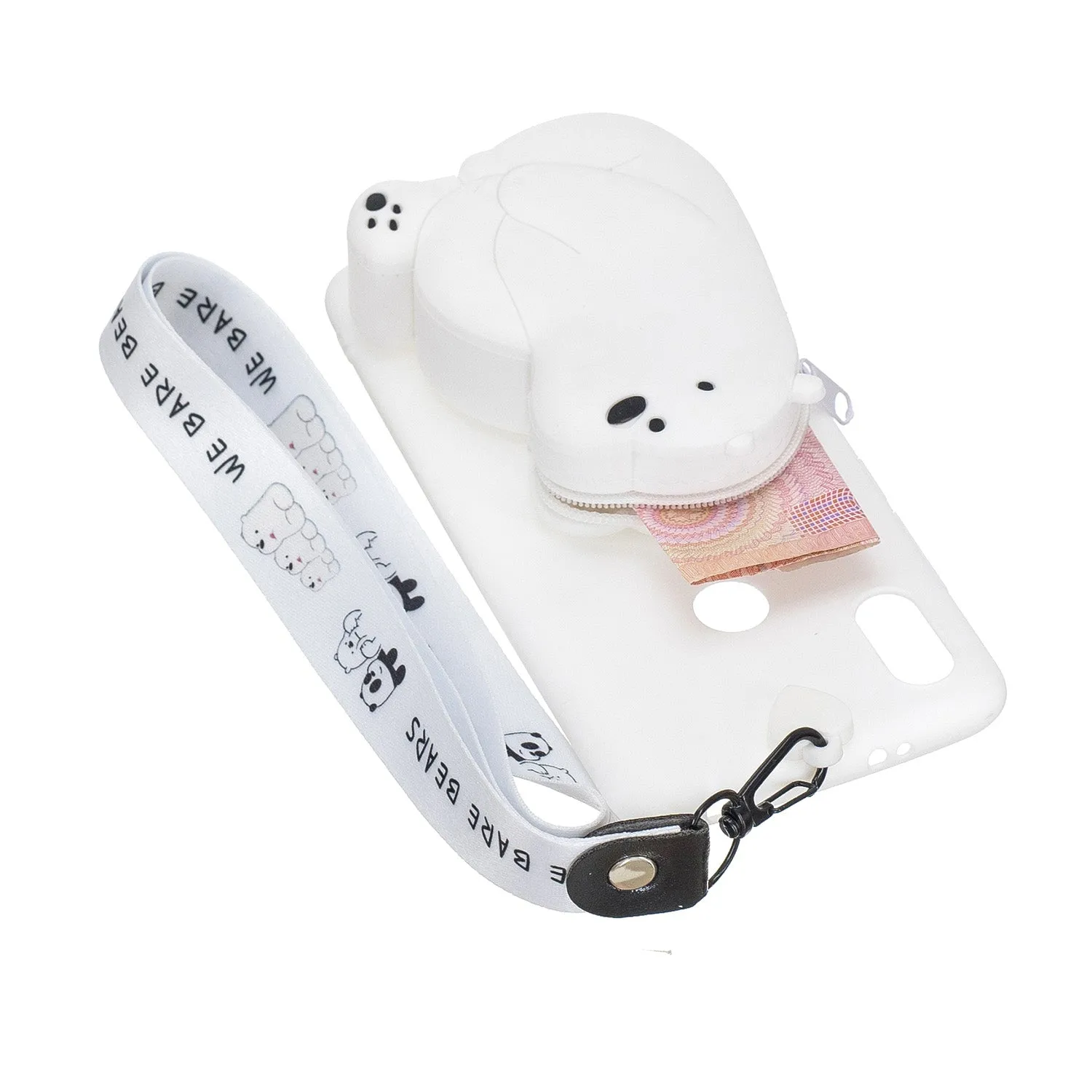 For HUAWEI Y6 2019 Y7 2019 Y9 2019 Cartoon Full Protective TPU Mobile Phone Cover with Mini Coin Purse Cartoon Hanging Lanyard 4 black pandas