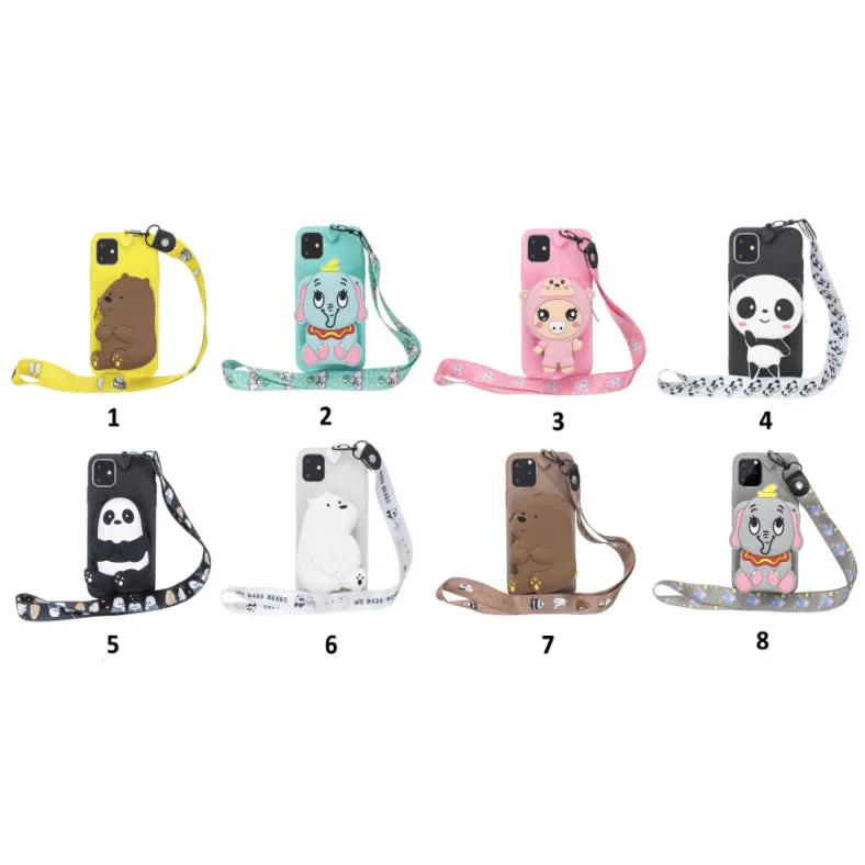 For HUAWEI Y6 2019 Y7 2019 Y9 2019 Cartoon Full Protective TPU Mobile Phone Cover with Mini Coin Purse Cartoon Hanging Lanyard 4 black pandas