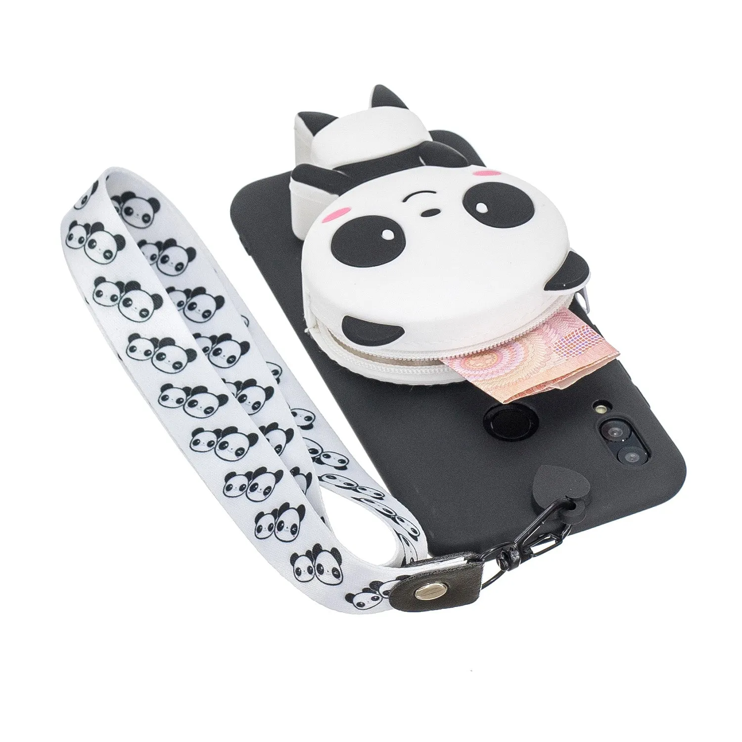 For HUAWEI Y6 2019 Y7 2019 Y9 2019 Cartoon Full Protective TPU Mobile Phone Cover with Mini Coin Purse Cartoon Hanging Lanyard 4 black pandas