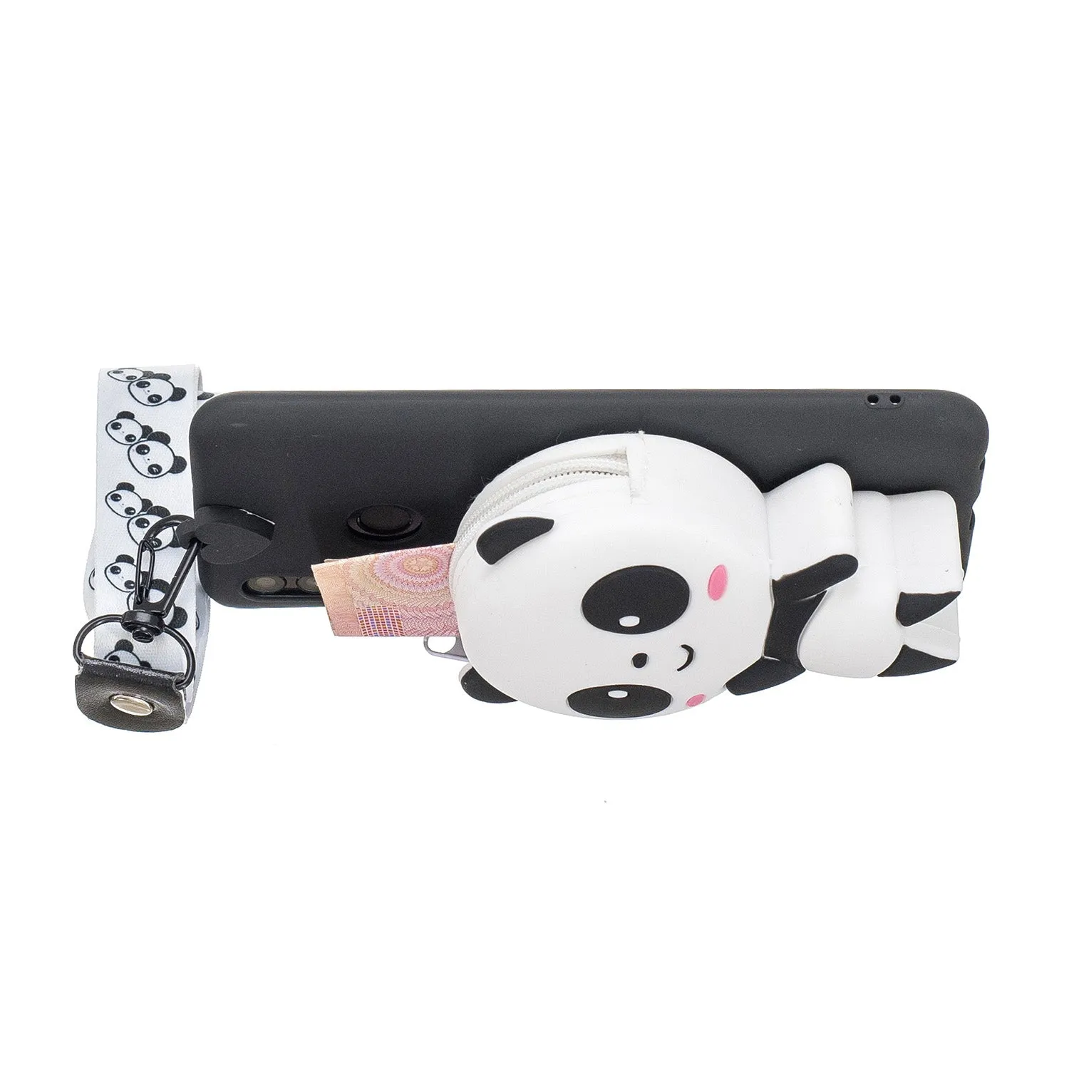 For HUAWEI Y6 2019 Y7 2019 Y9 2019 Cartoon Full Protective TPU Mobile Phone Cover with Mini Coin Purse Cartoon Hanging Lanyard 4 black pandas