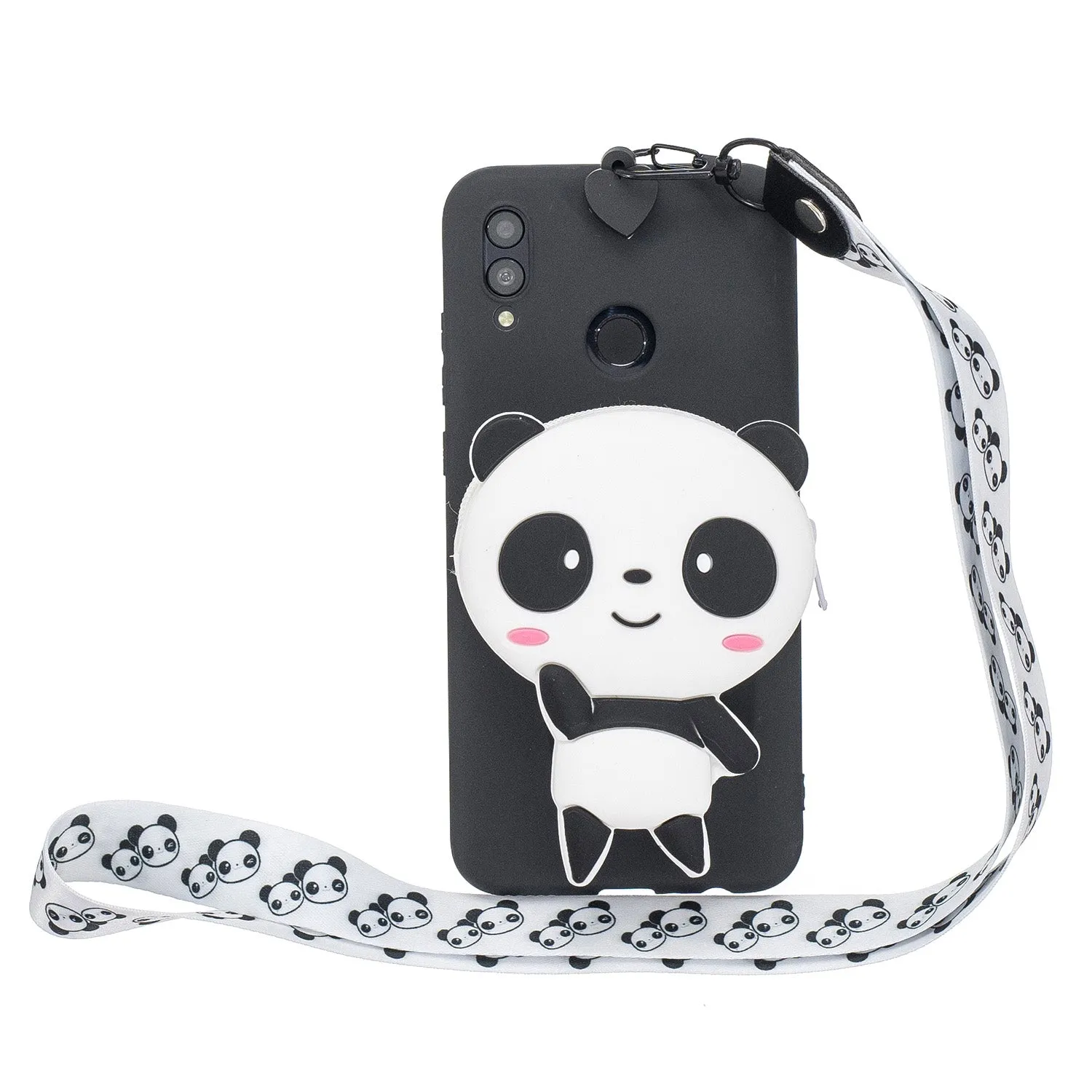 For HUAWEI Y6 2019 Y7 2019 Y9 2019 Cartoon Full Protective TPU Mobile Phone Cover with Mini Coin Purse Cartoon Hanging Lanyard 4 black pandas
