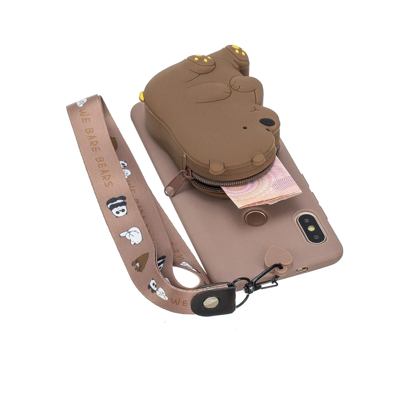 For HUAWEI Y6 2019 Y7 2019 Y9 2019 Cartoon Full Protective TPU Mobile Phone Cover with Mini Coin Purse Cartoon Hanging Lanyard 7 brown brown bear