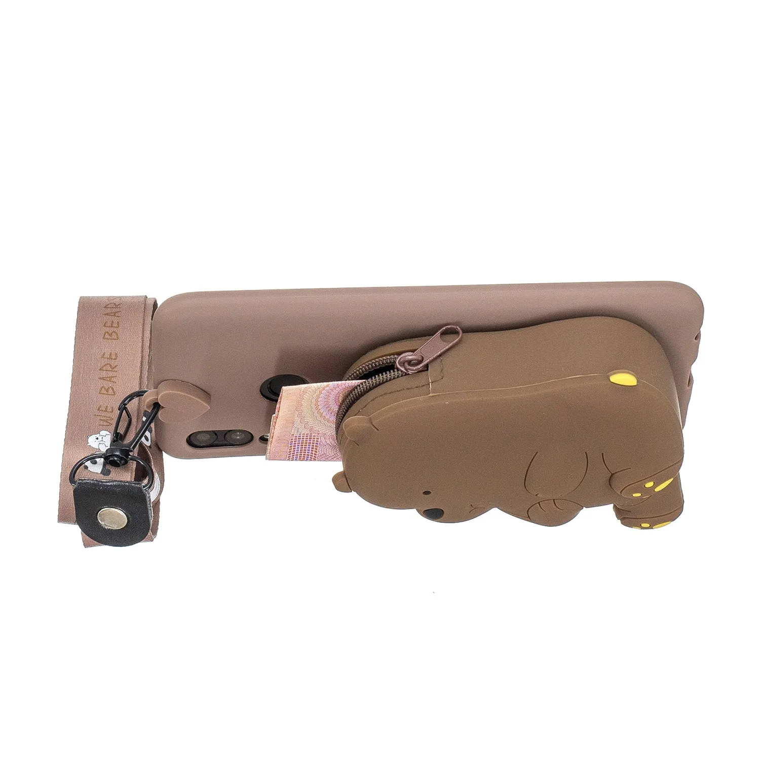 For HUAWEI Y6 2019 Y7 2019 Y9 2019 Cartoon Full Protective TPU Mobile Phone Cover with Mini Coin Purse Cartoon Hanging Lanyard 7 brown brown bear