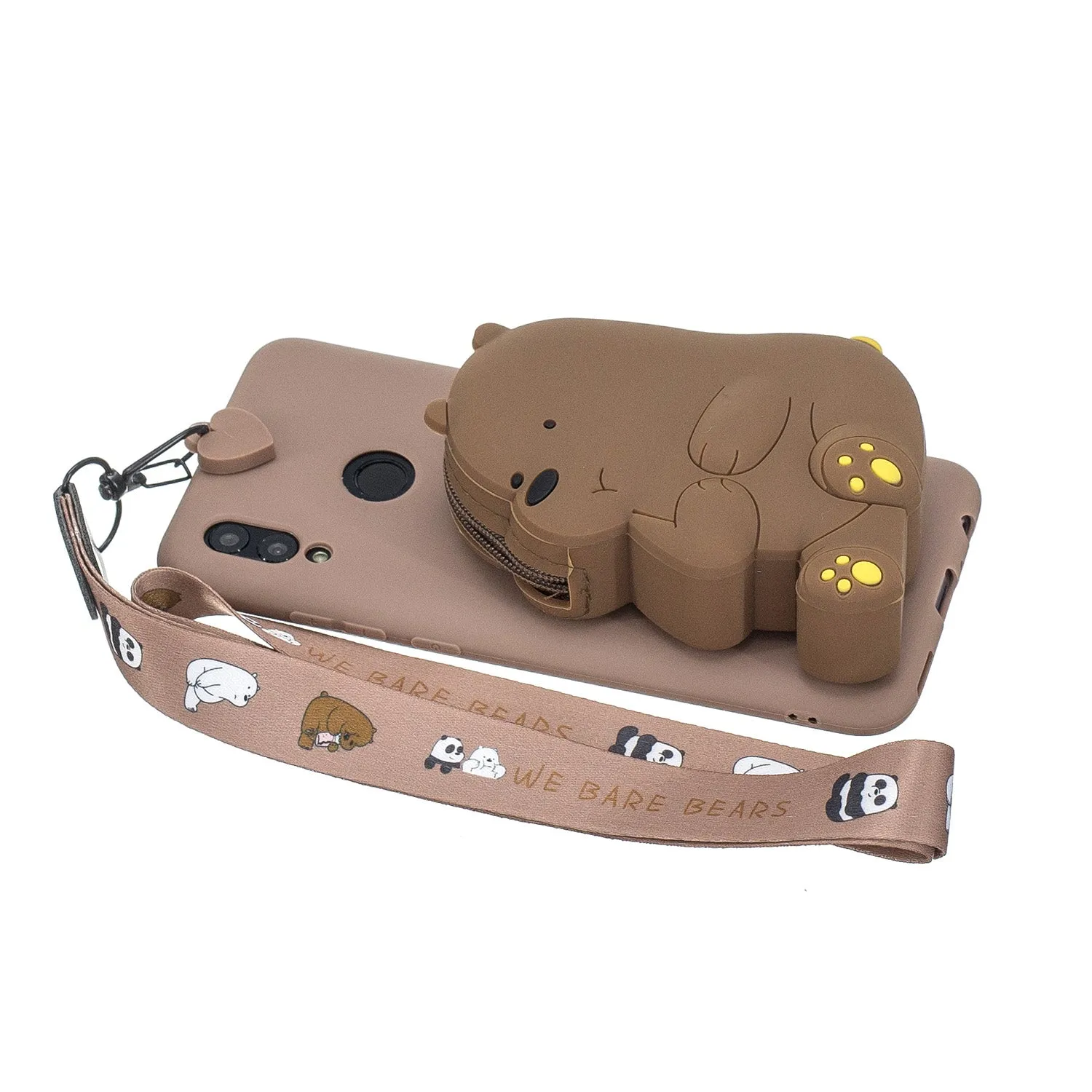 For HUAWEI Y6 2019 Y7 2019 Y9 2019 Cartoon Full Protective TPU Mobile Phone Cover with Mini Coin Purse Cartoon Hanging Lanyard 7 brown brown bear