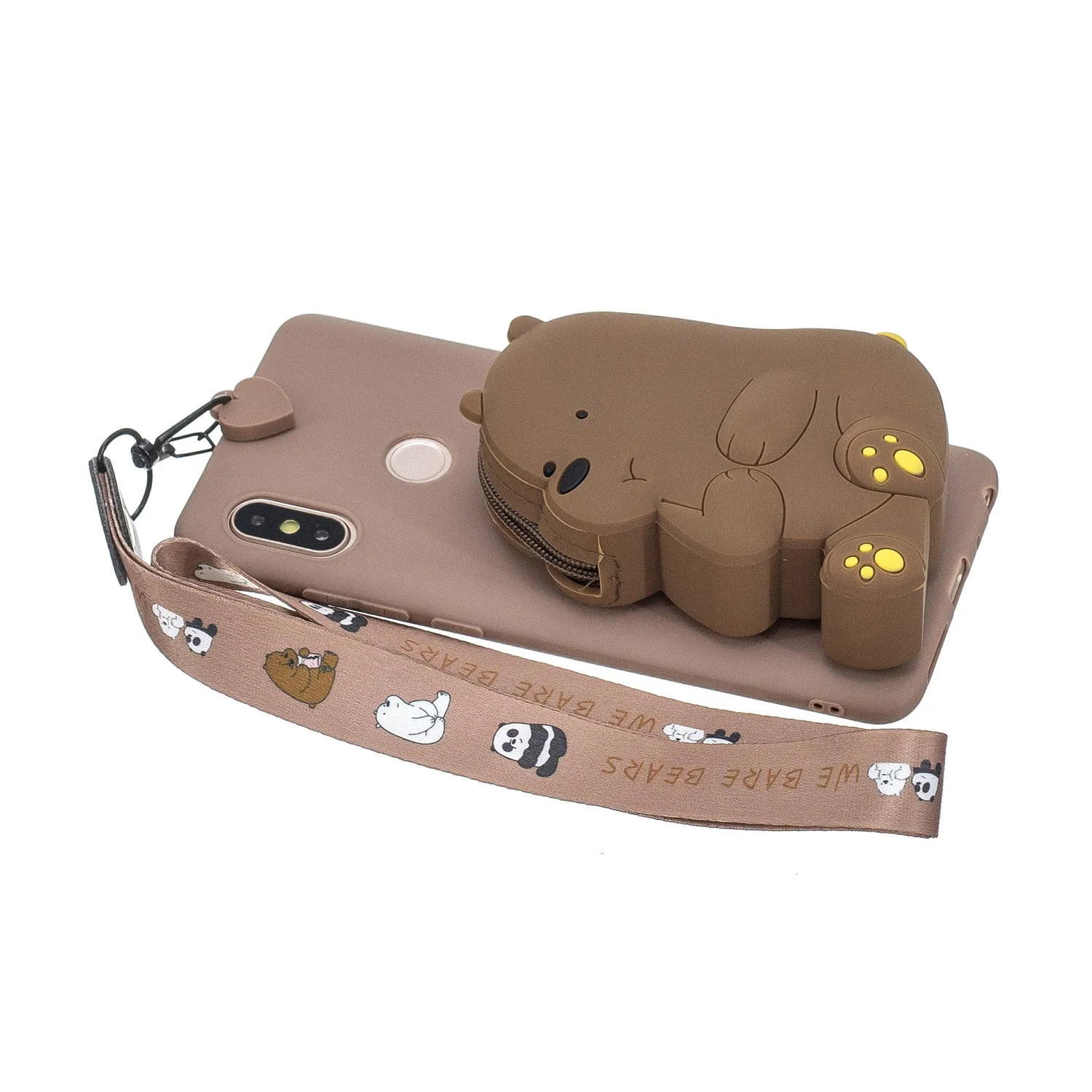 For HUAWEI Y6 2019 Y7 2019 Y9 2019 Cartoon Full Protective TPU Mobile Phone Cover with Mini Coin Purse Cartoon Hanging Lanyard 7 brown brown bear