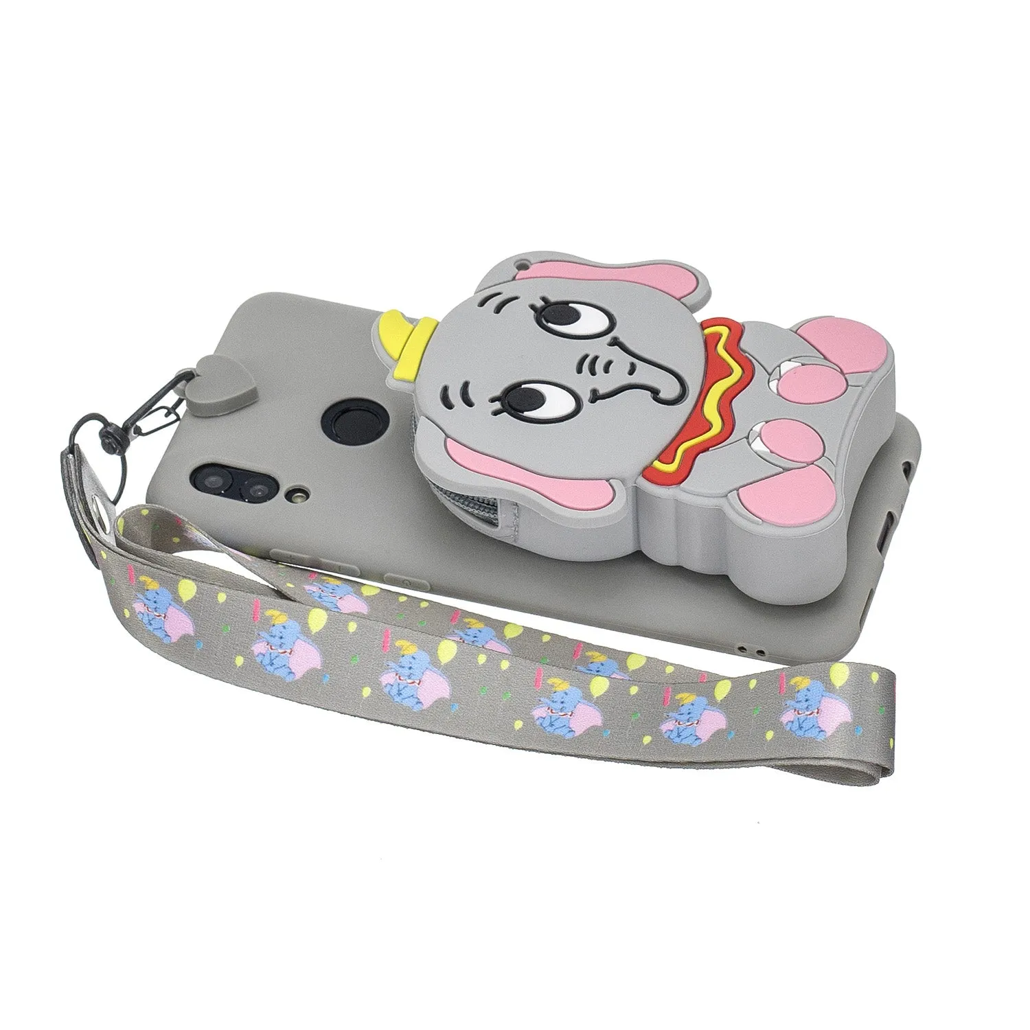 For HUAWEI Y6 2019 Y7 2019 Y9 2019 Cartoon Full Protective TPU Mobile Phone Cover with Mini Coin Purse Cartoon Hanging Lanyard 8 grey elephant