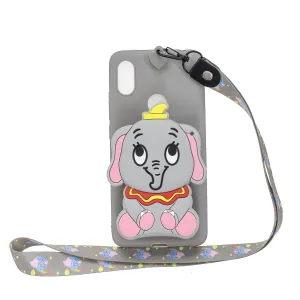 For HUAWEI Y6 2019 Y7 2019 Y9 2019 Cartoon Full Protective TPU Mobile Phone Cover with Mini Coin Purse Cartoon Hanging Lanyard 8 grey elephant