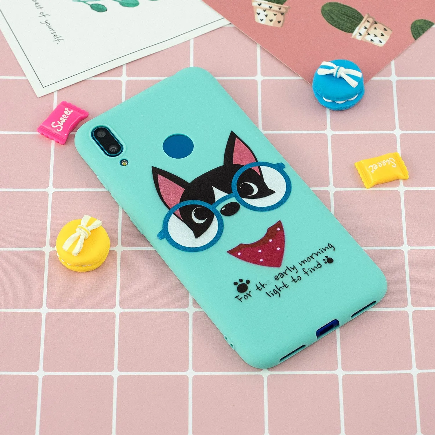 For HUAWEI Y7 2019 Cute Coloured Painted TPU Anti-scratch Non-slip Protective Cover Back Case with Lanyard Light blue