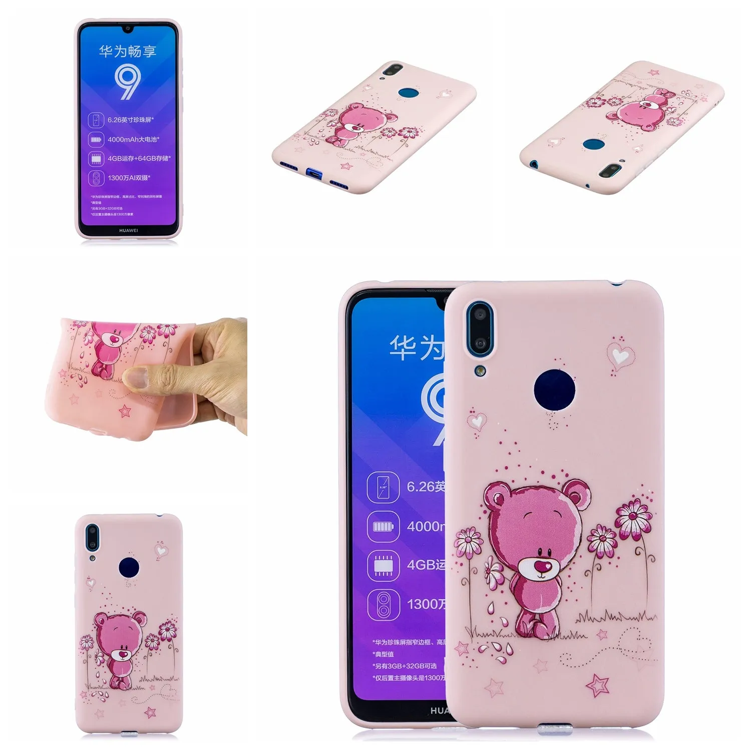 For HUAWEI Y7 2019 Cute Coloured Painted TPU Anti-scratch Non-slip Protective Cover Back Case with Lanyard Light pink