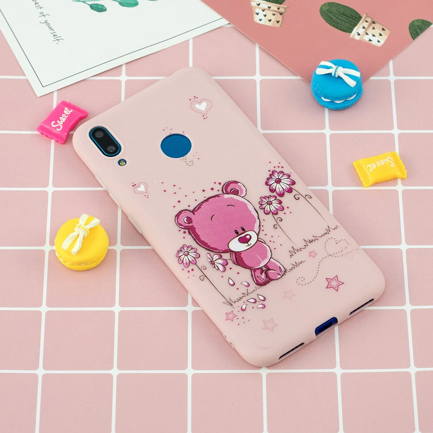 For HUAWEI Y7 2019 Cute Coloured Painted TPU Anti-scratch Non-slip Protective Cover Back Case with Lanyard Light pink