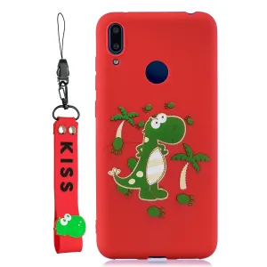 For HUAWEI Y7 2019 Cute Coloured Painted TPU Anti-scratch Non-slip Protective Cover Back Case with Lanyard red