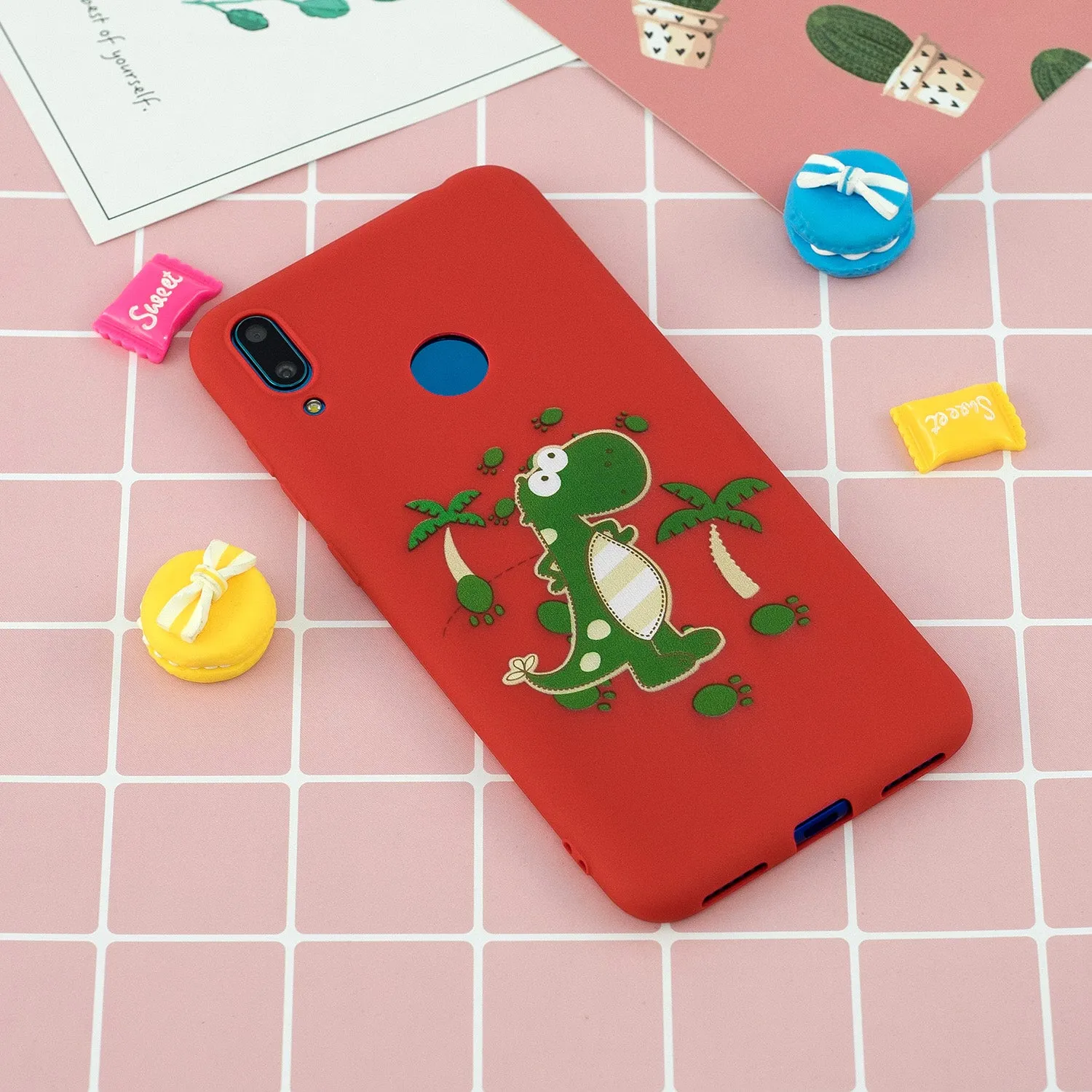 For HUAWEI Y7 2019 Cute Coloured Painted TPU Anti-scratch Non-slip Protective Cover Back Case with Lanyard red
