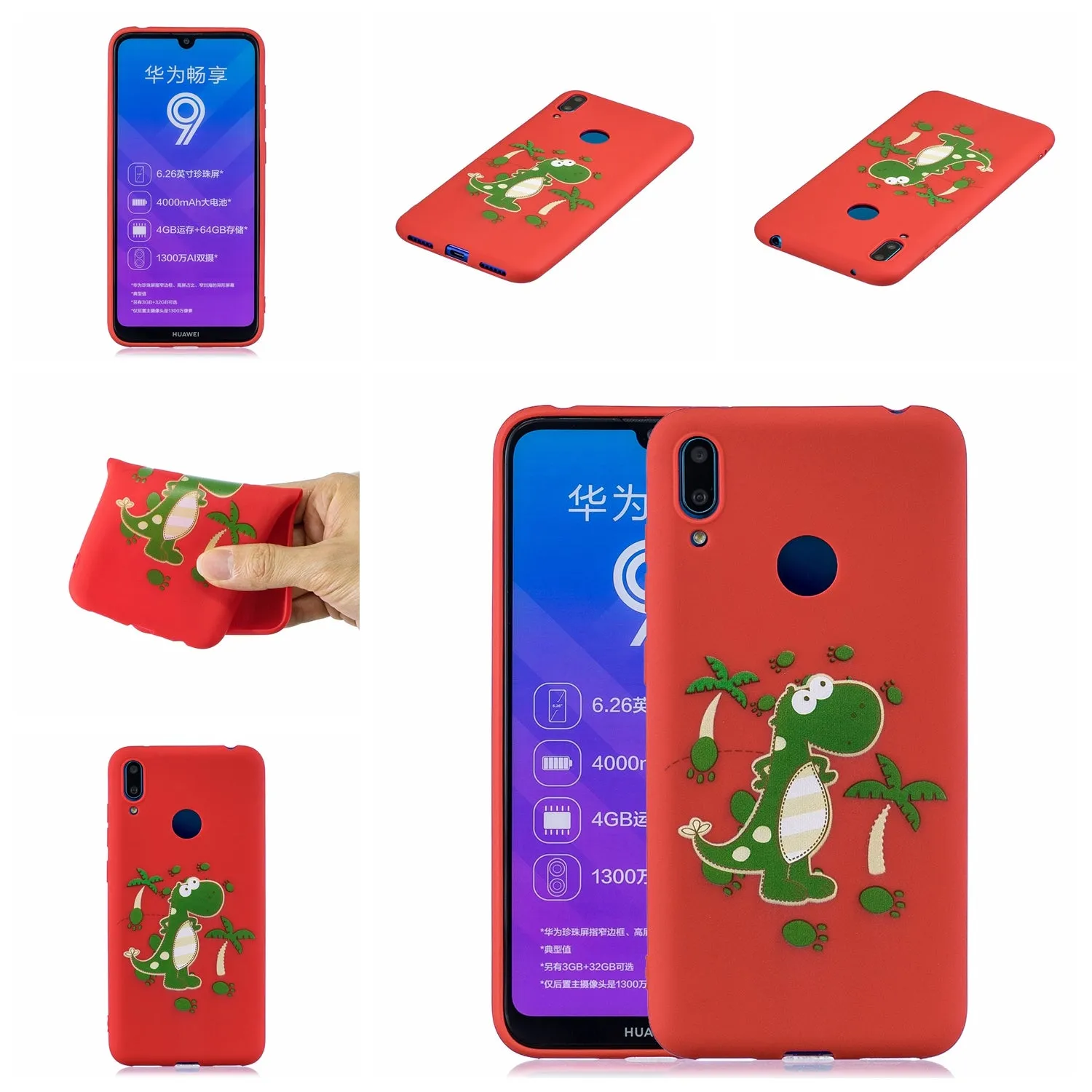 For HUAWEI Y7 2019 Cute Coloured Painted TPU Anti-scratch Non-slip Protective Cover Back Case with Lanyard red