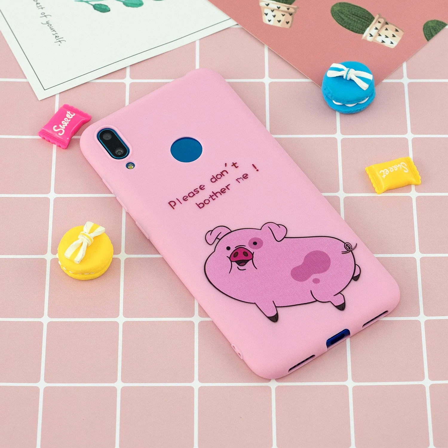 For HUAWEI Y7 2019 Cute Coloured Painted TPU Anti-scratch Non-slip Protective Cover Back Case with Lanyard Rose red