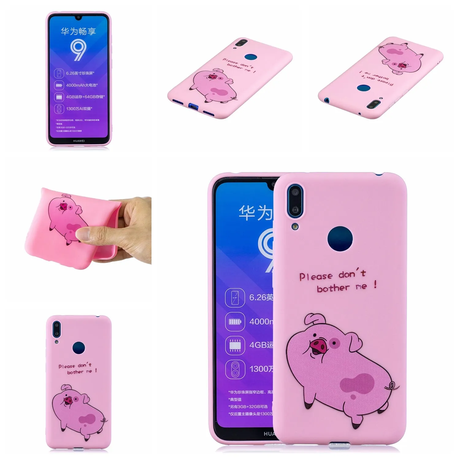 For HUAWEI Y7 2019 Cute Coloured Painted TPU Anti-scratch Non-slip Protective Cover Back Case with Lanyard Rose red