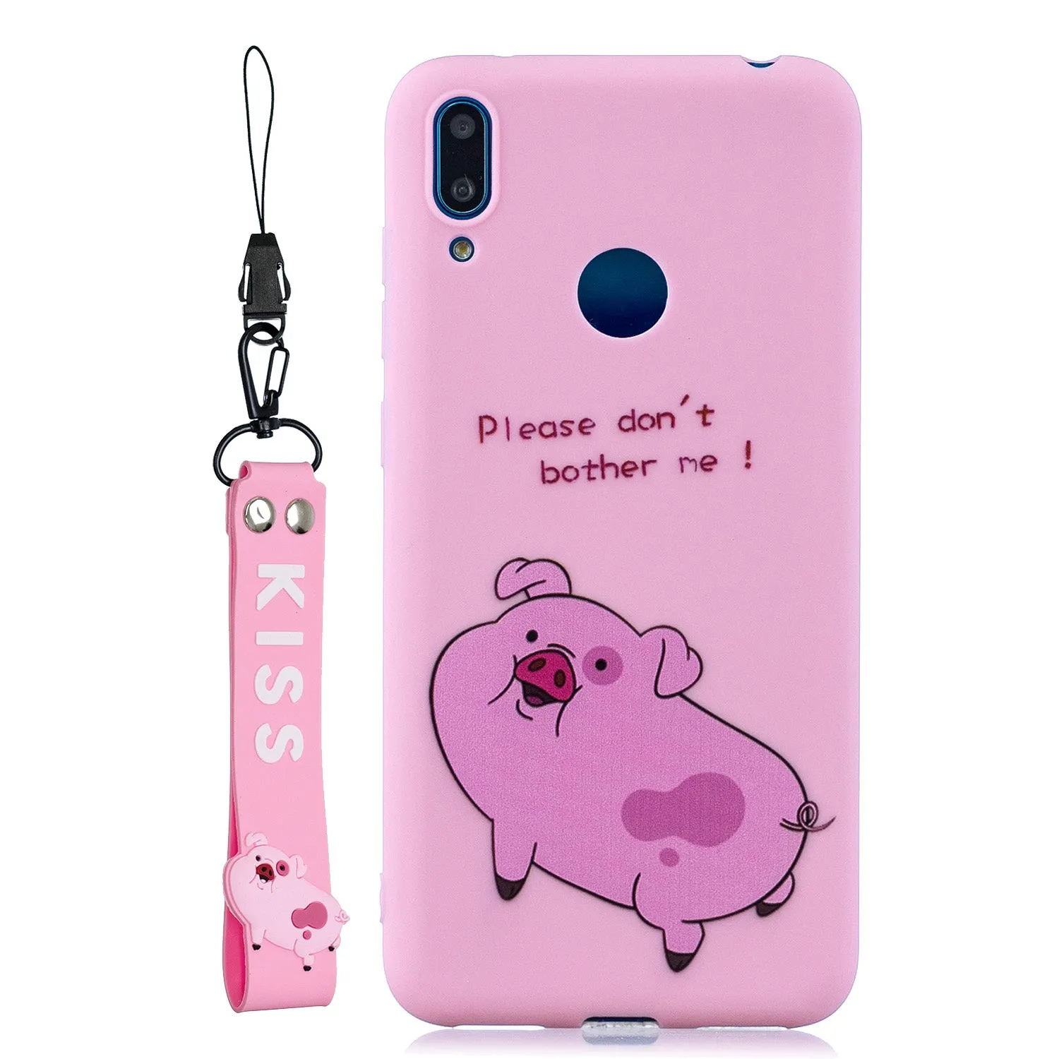 For HUAWEI Y7 2019 Cute Coloured Painted TPU Anti-scratch Non-slip Protective Cover Back Case with Lanyard Rose red
