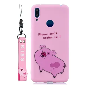 For HUAWEI Y7 2019 Cute Coloured Painted TPU Anti-scratch Non-slip Protective Cover Back Case with Lanyard Rose red
